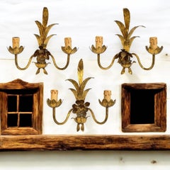 Set of Three Gilt Leafs Flower two Light Sconces Tole Hollywood Regency Vintage