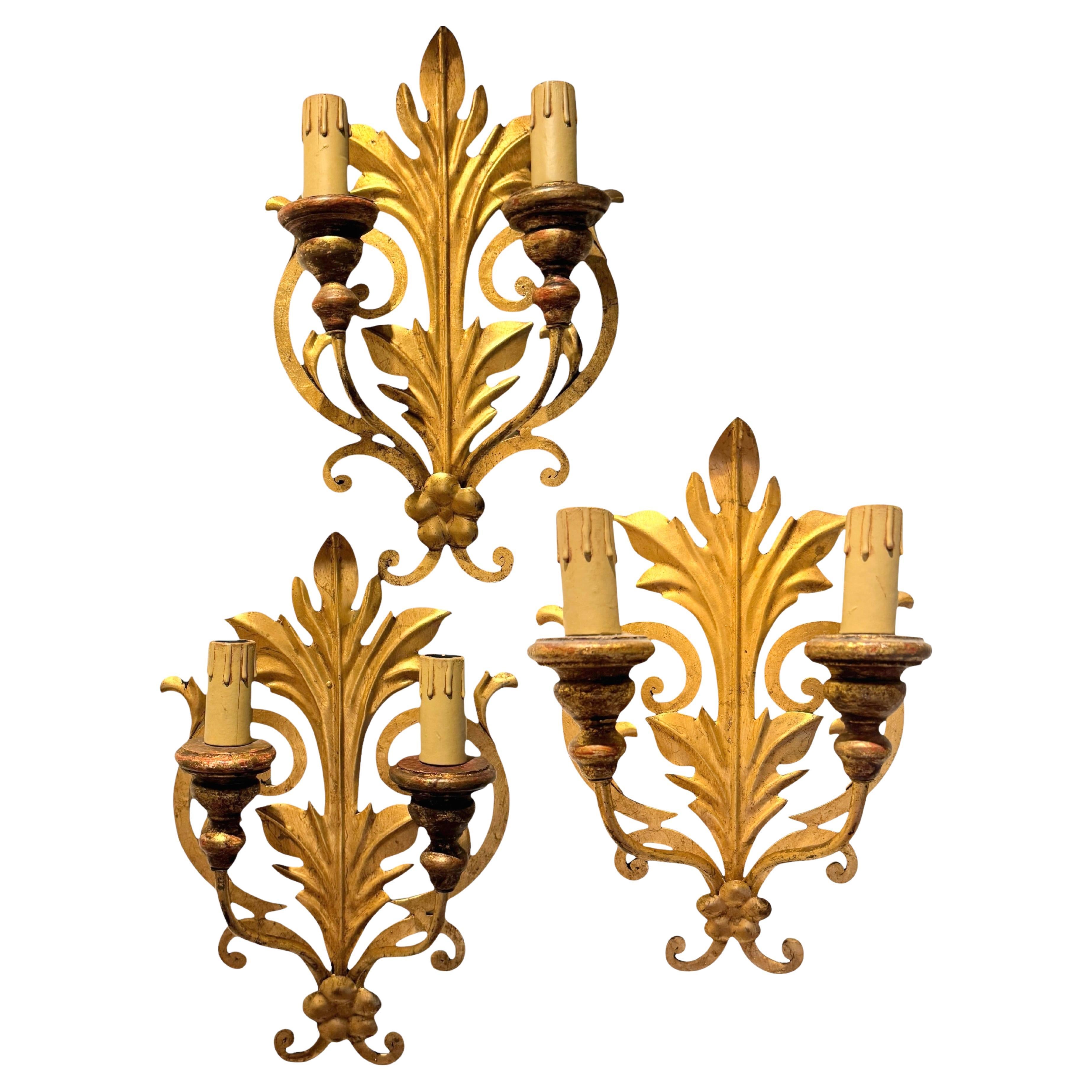 Set of Three Gilt Leafs two Light Sconces Tole Hollywood Regency Vintage Italy