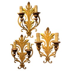 Set of Three Gilt Leafs two Light Sconces Tole Hollywood Regency Vintage Italy
