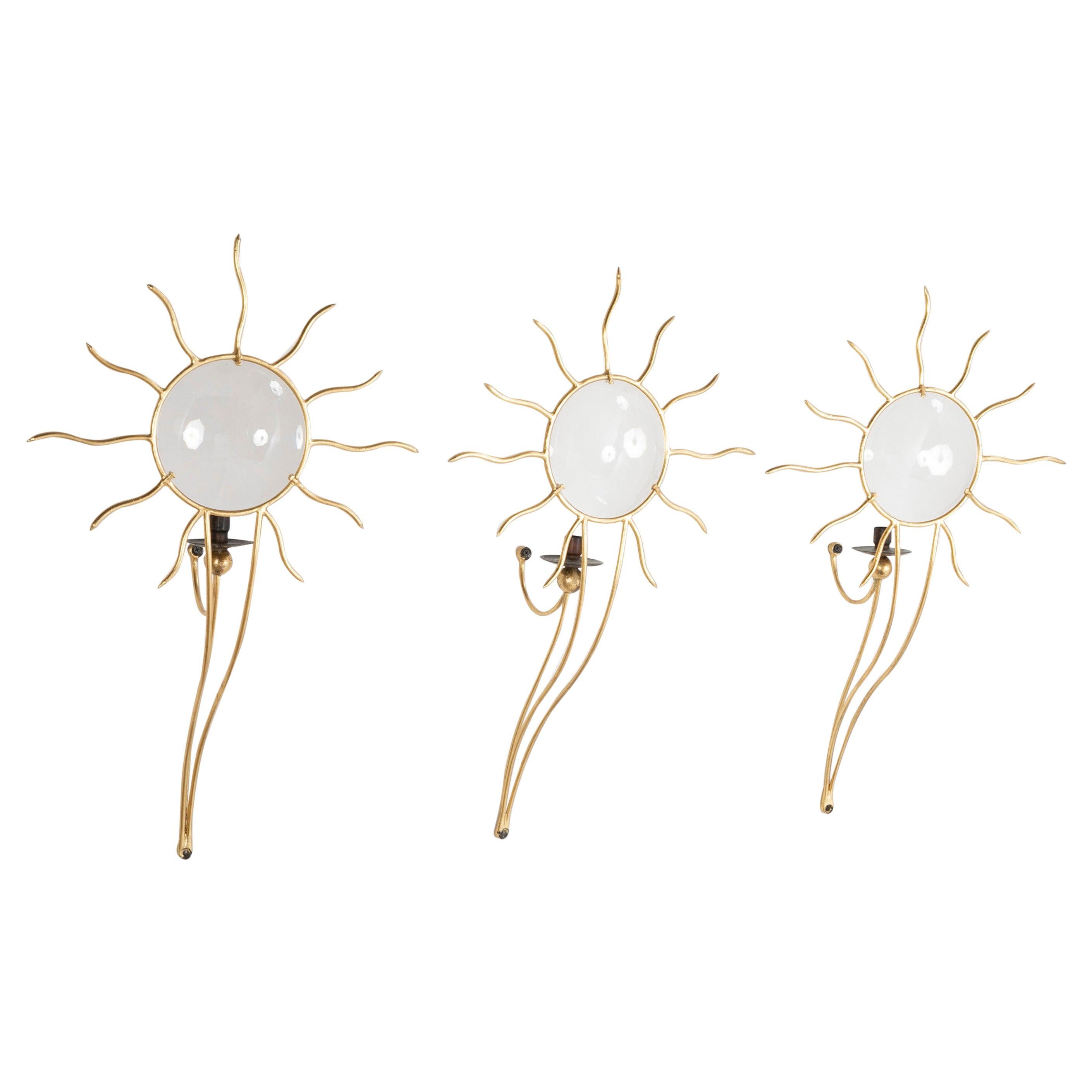 Set of Three Gilt Metal Sconces Designed by Andrea Dubreuil