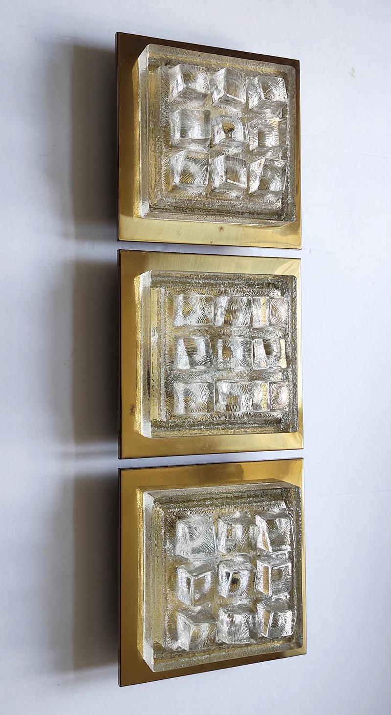 Set of Three Glass and Brass Wall or Ceiling Lights Sconces Flush Mounts, 1960s 5