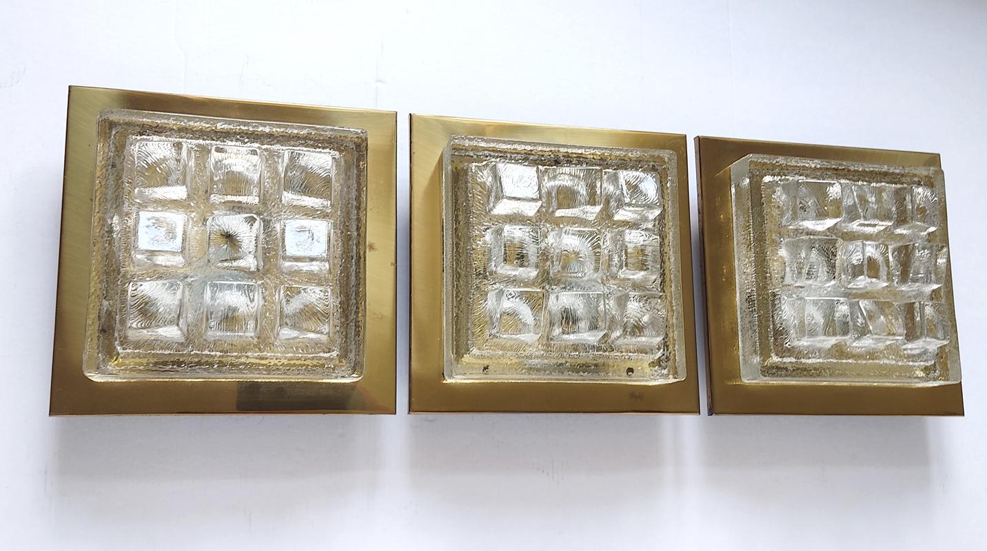 Set of Three Glass and Brass Wall or Ceiling Lights Sconces Flush Mounts, 1960s 7