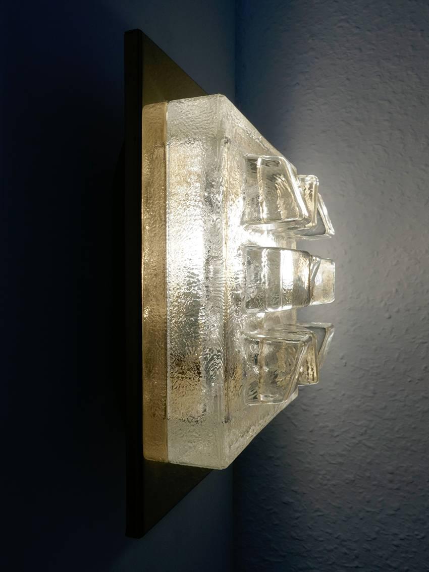 20th Century Set of Three Glass and Brass Wall or Ceiling Lights Sconces Flush Mounts, 1960s