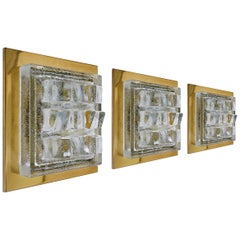 Set of Three Glass and Brass Wall or Ceiling Lights Sconces Flush Mounts, 1960s