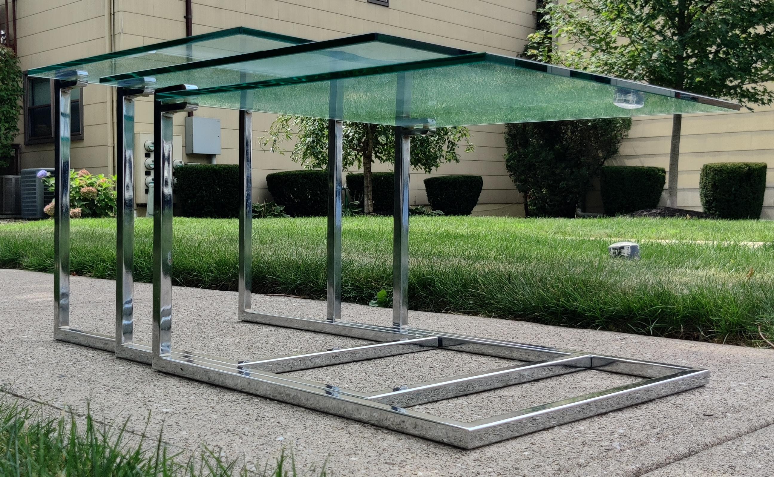 Set of Three Glass & Chromed Steel Nesting Tables By Design Institute America For Sale 4