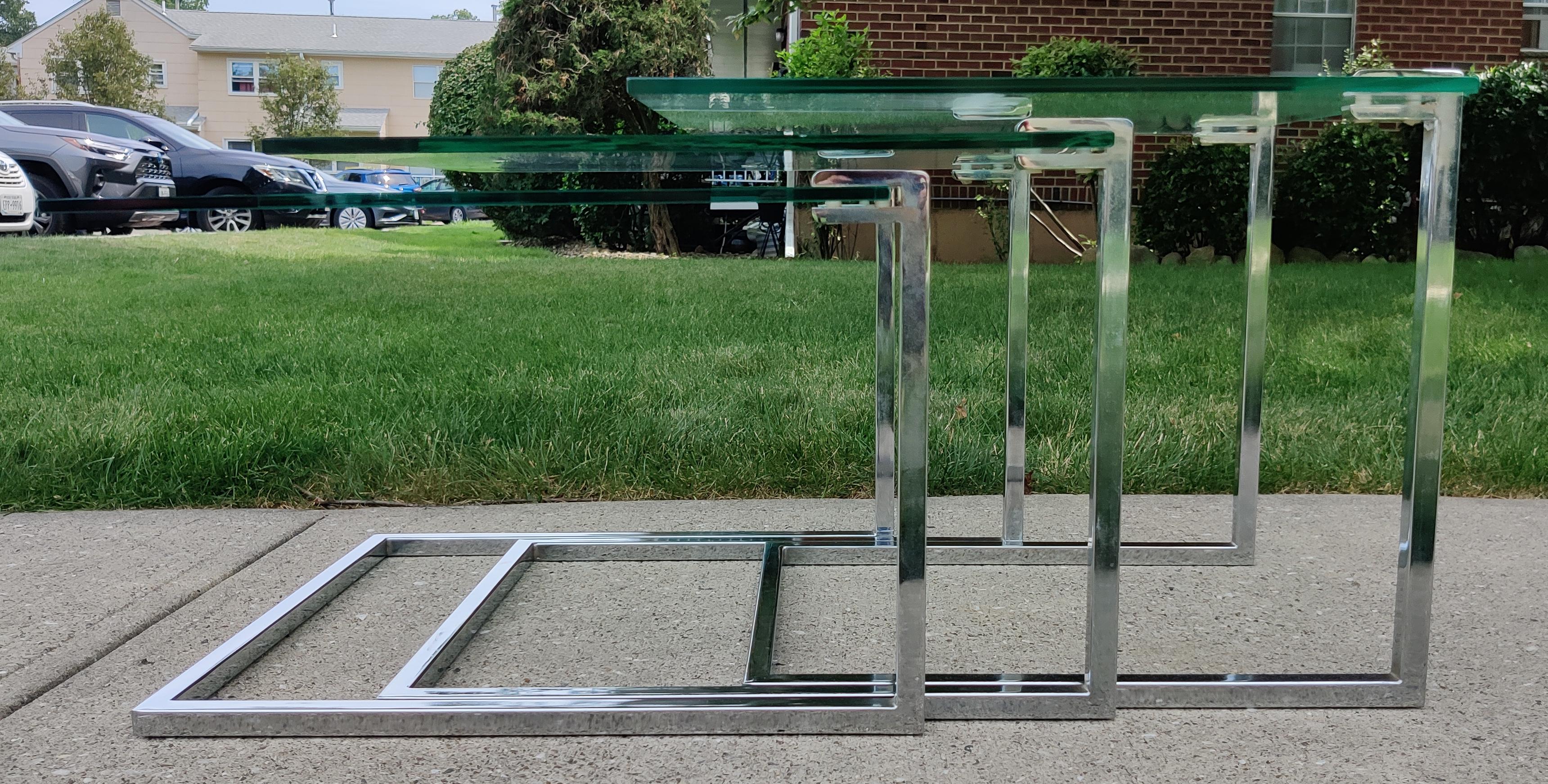 Set of Three Glass & Chromed Steel Nesting Tables By Design Institute America For Sale 6