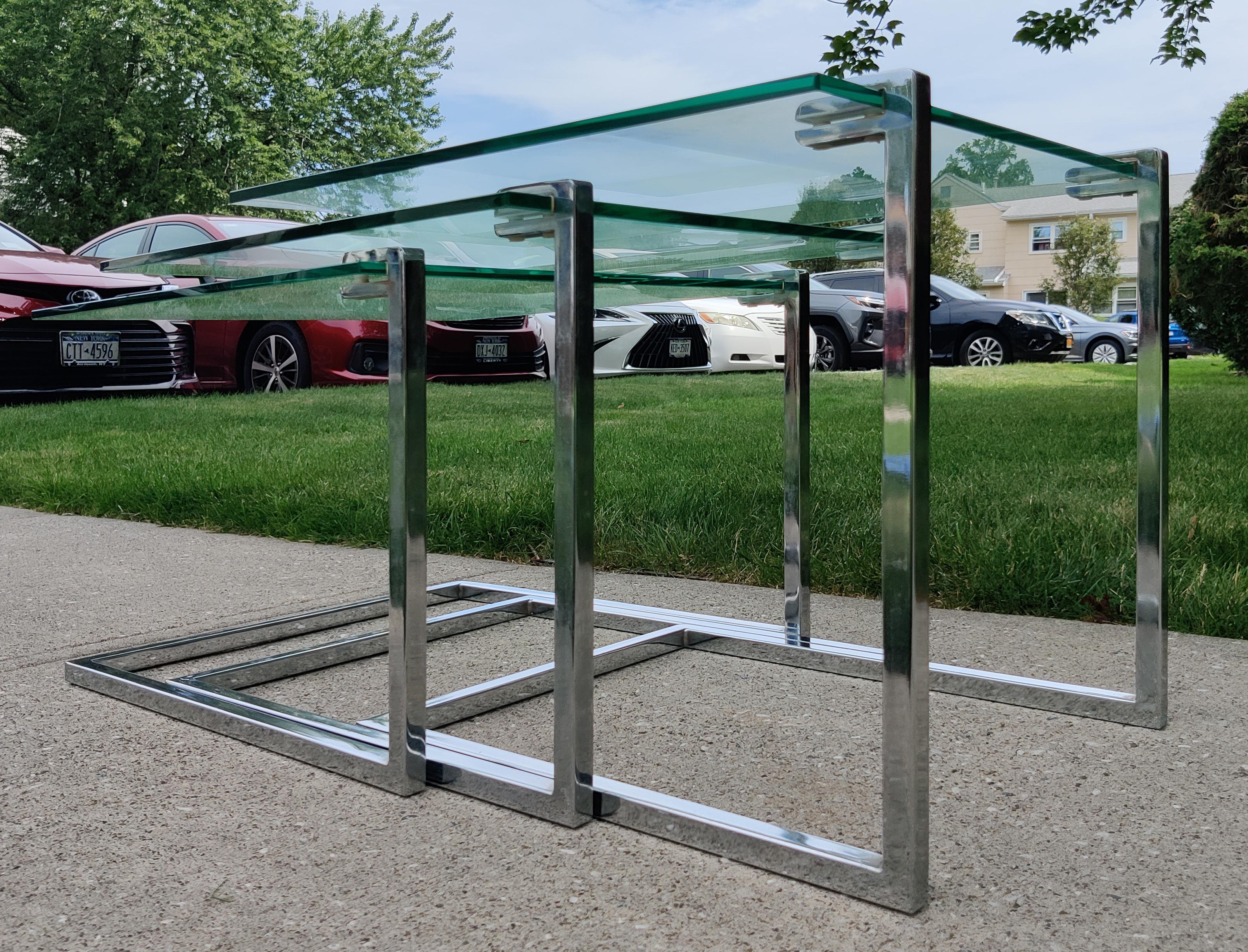 Set of Three Glass & Chromed Steel Nesting Tables By Design Institute America For Sale 7