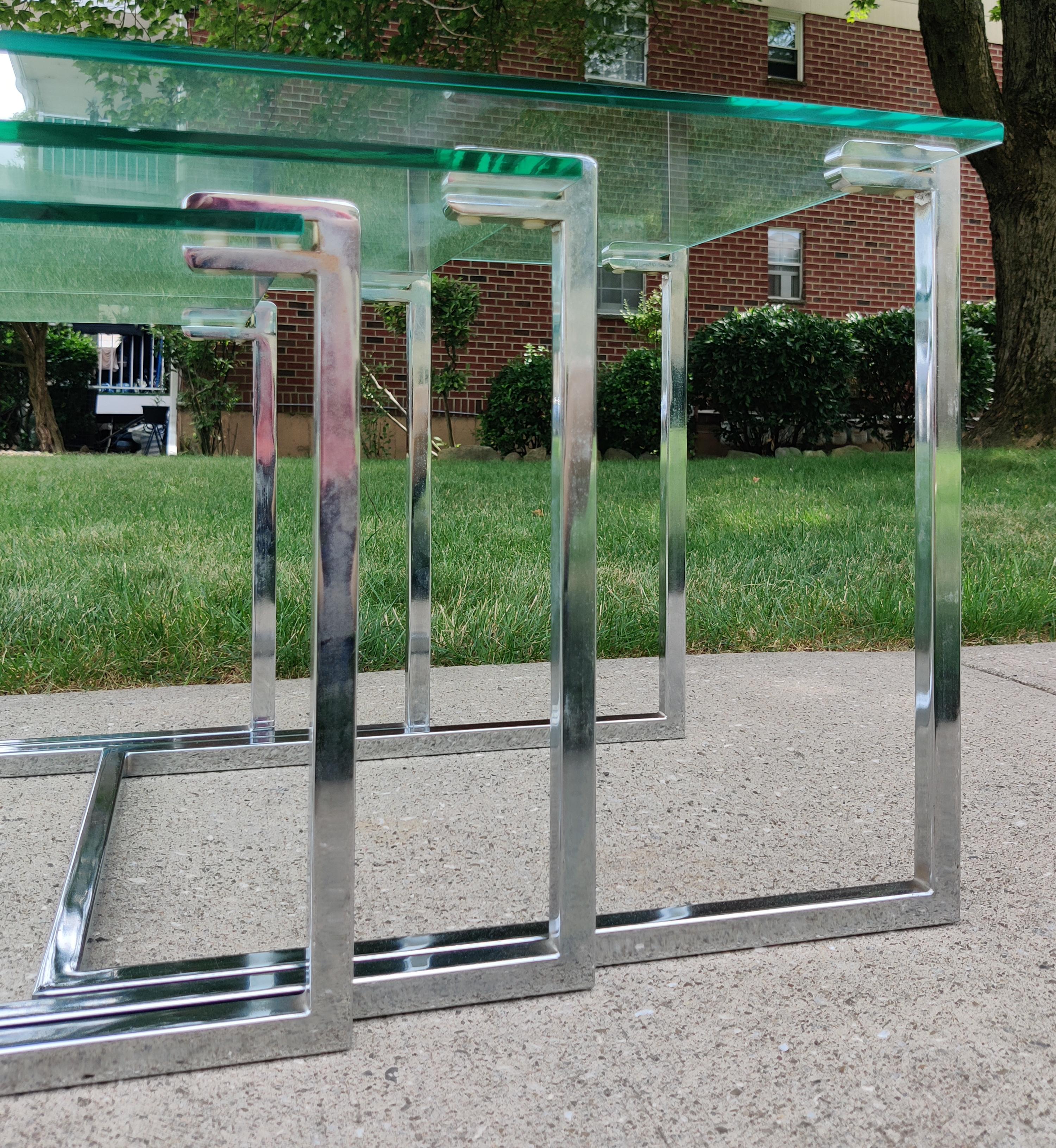 Set of Three Glass & Chromed Steel Nesting Tables By Design Institute America For Sale 9