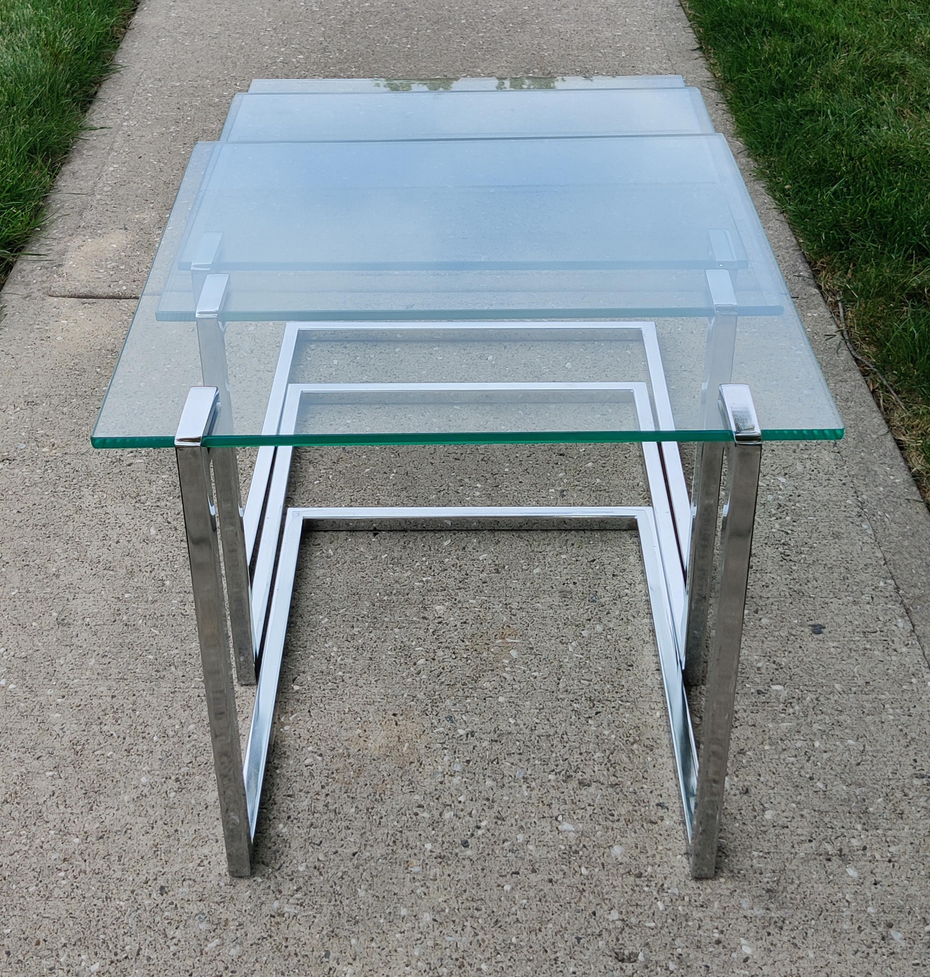American Set of Three Glass & Chromed Steel Nesting Tables By Design Institute America For Sale