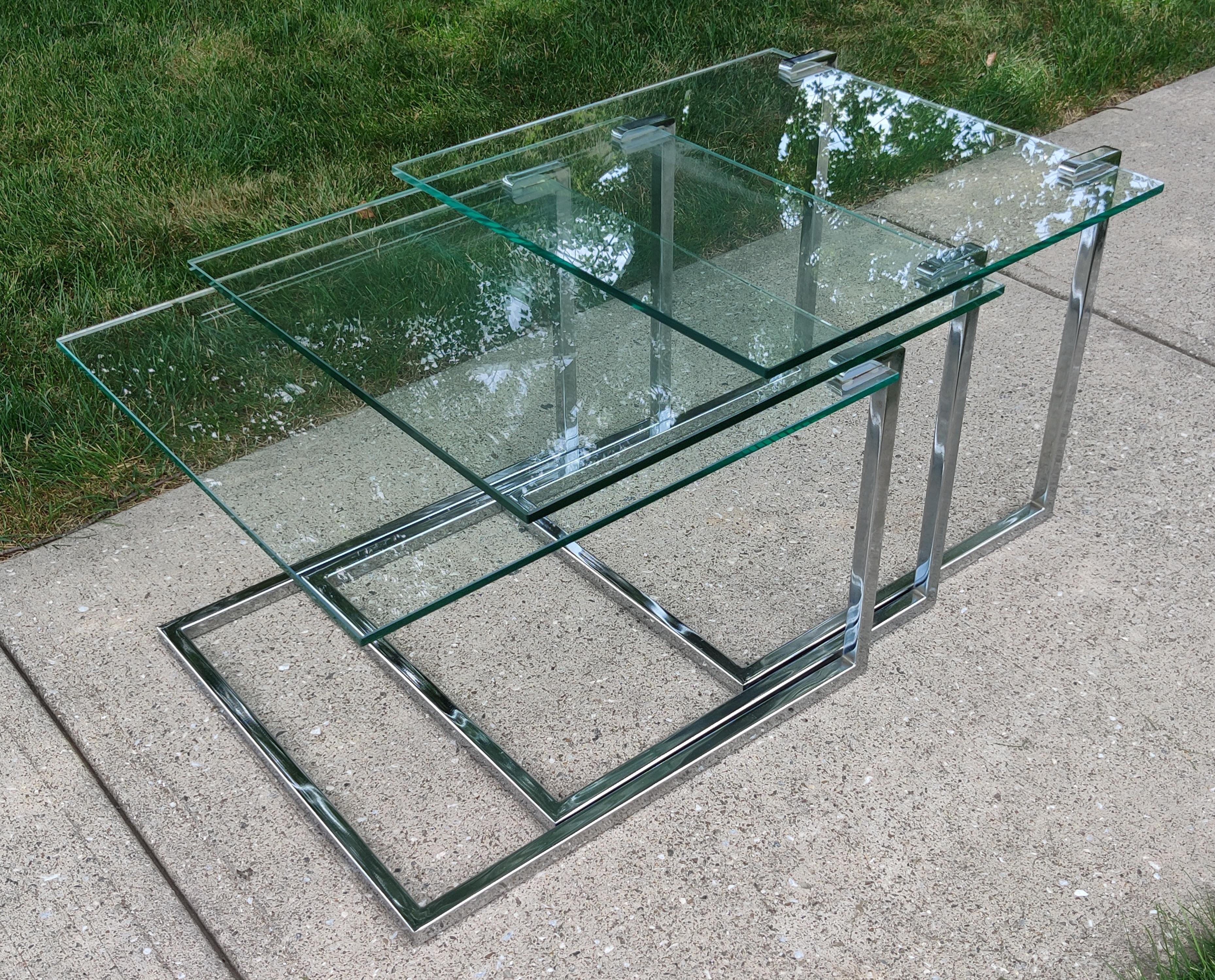 Set of Three Glass & Chromed Steel Nesting Tables By Design Institute America For Sale 1