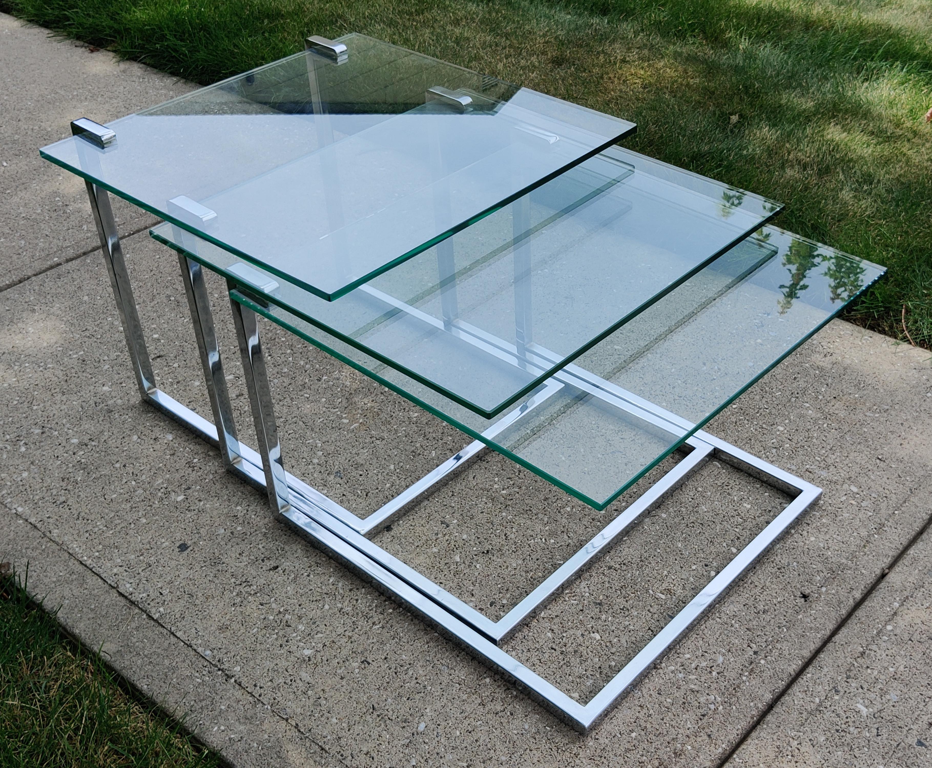 Set of Three Glass & Chromed Steel Nesting Tables By Design Institute America For Sale 2