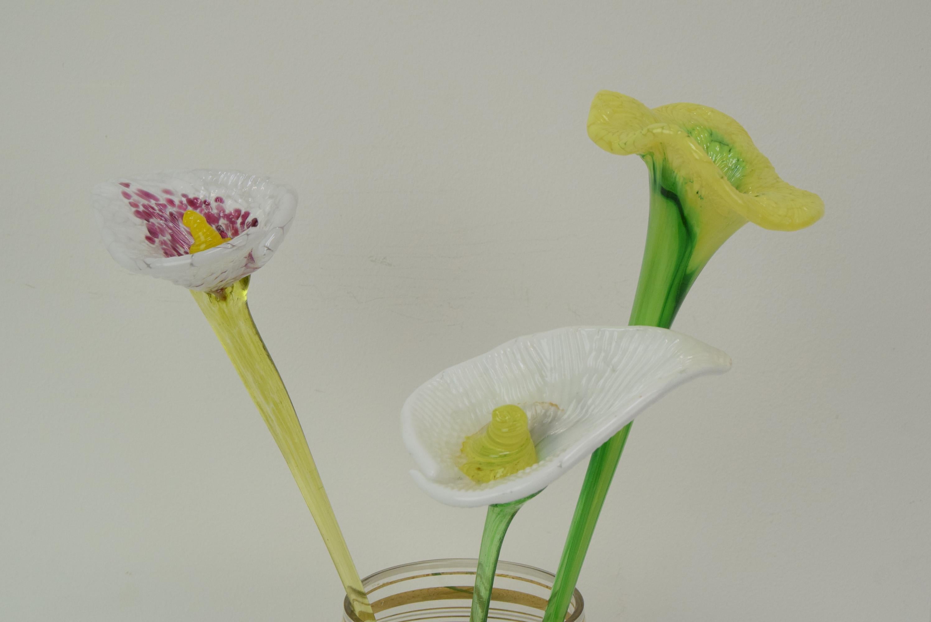 Mid-Century Modern Set of Three Glass Flowers, Glasswork Novy Bor, 1950's.  For Sale