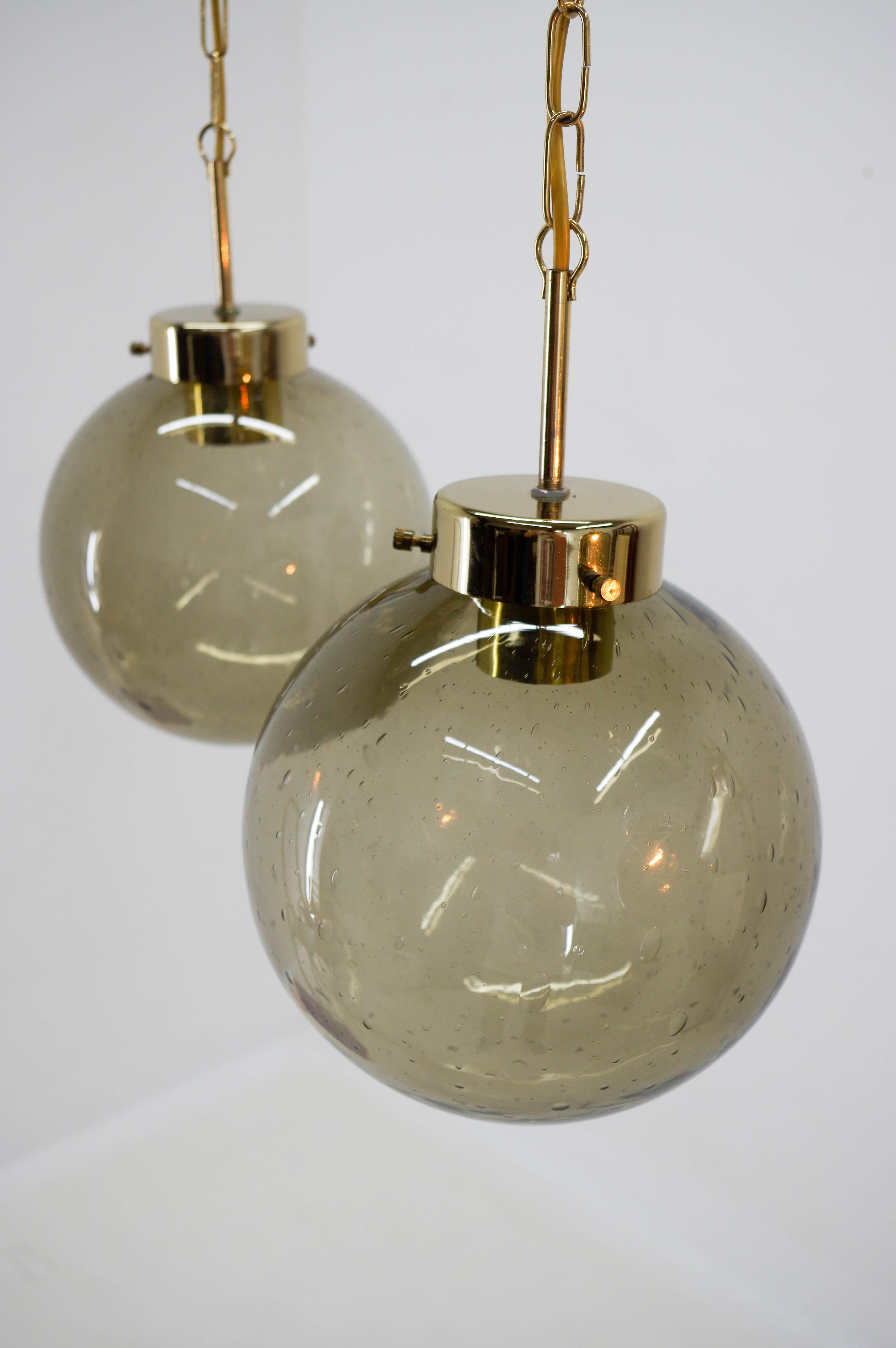 Brass Set of Three Glass Pendants by Kamenicky Senov, 1970s For Sale
