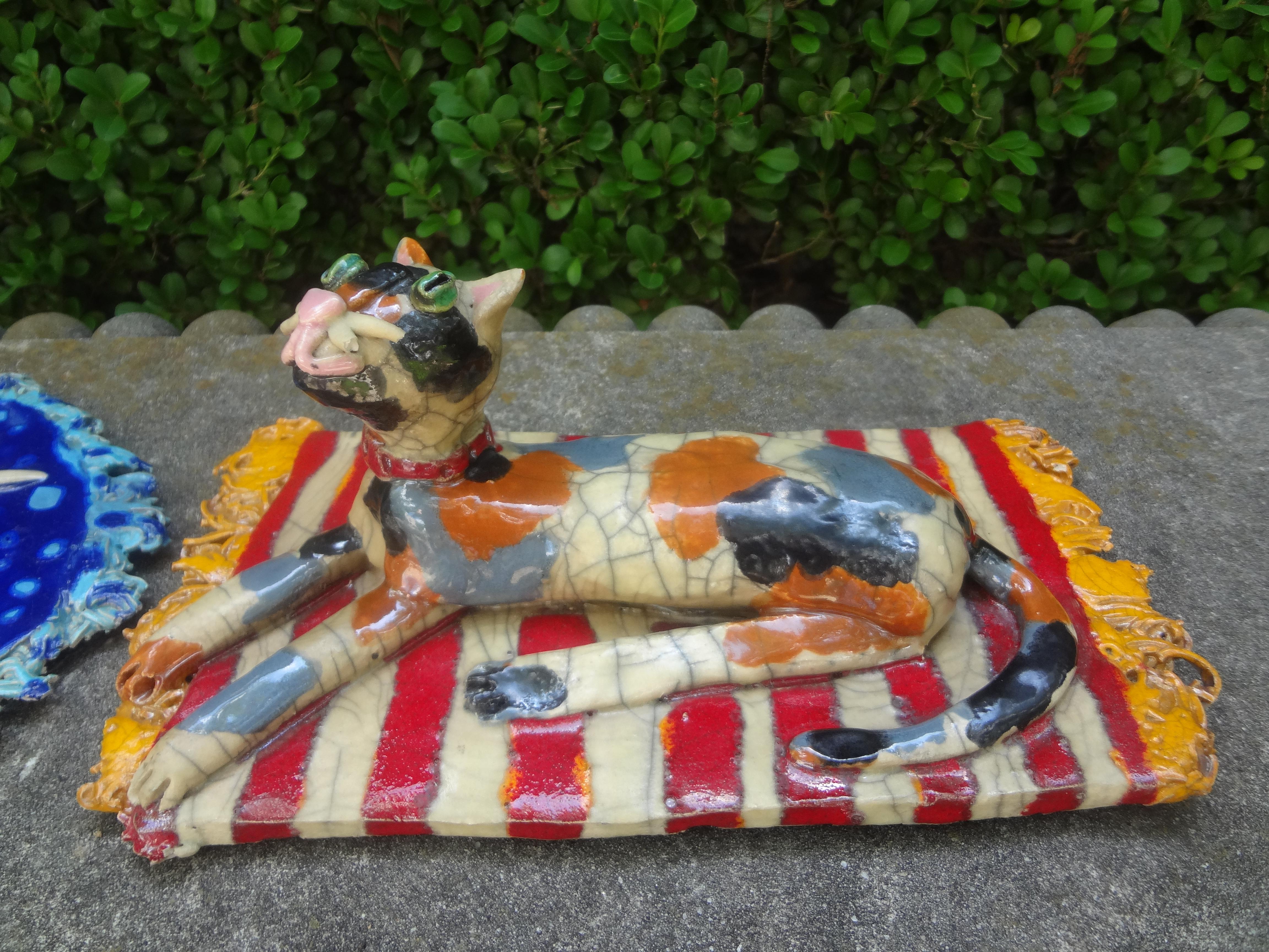 Set of Three Glazed Pottery Cat Sculptures For Sale 3
