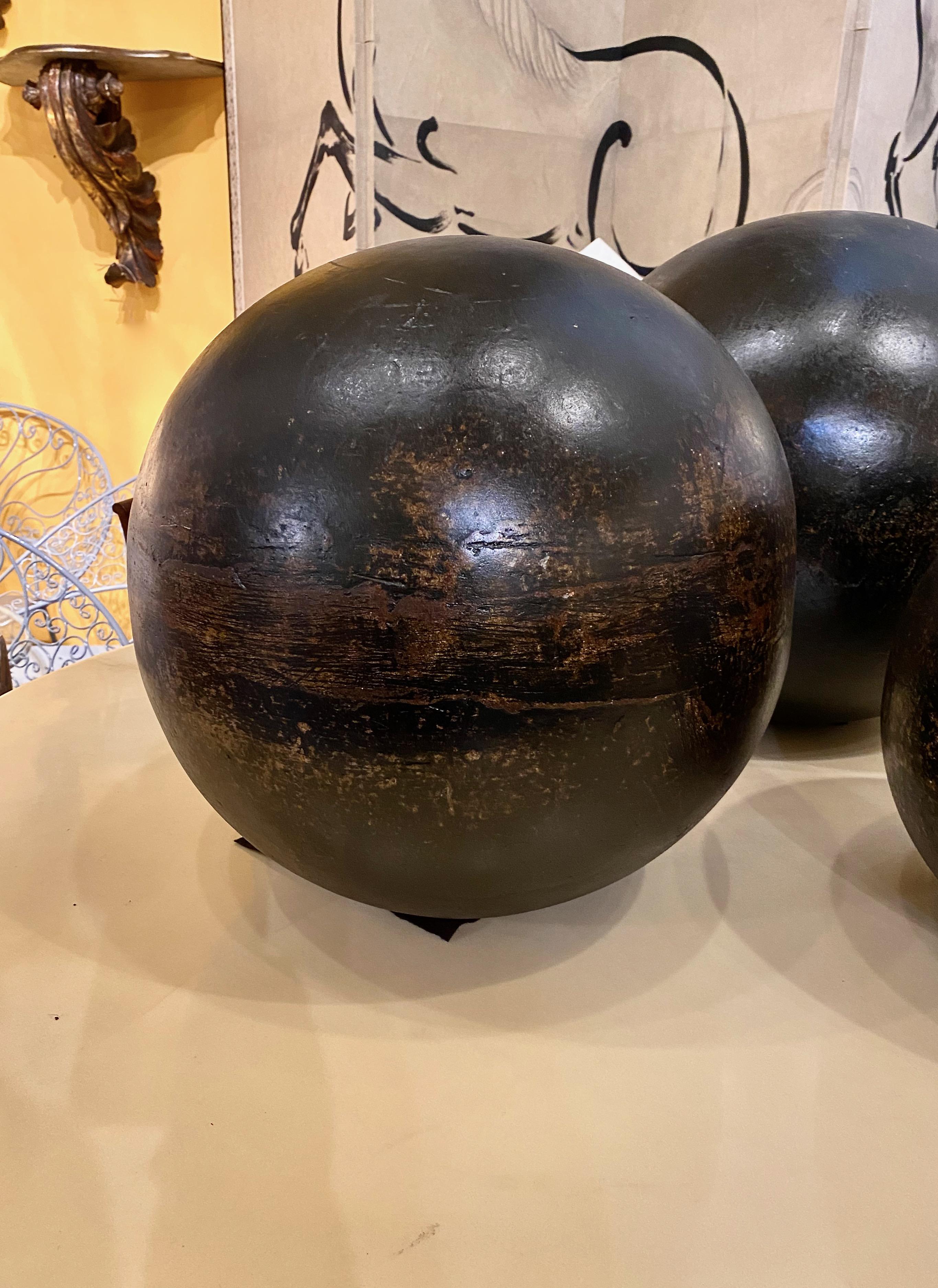High Victorian Set of Three Glazed Terra Cotta Garden Spheres, 19th Century