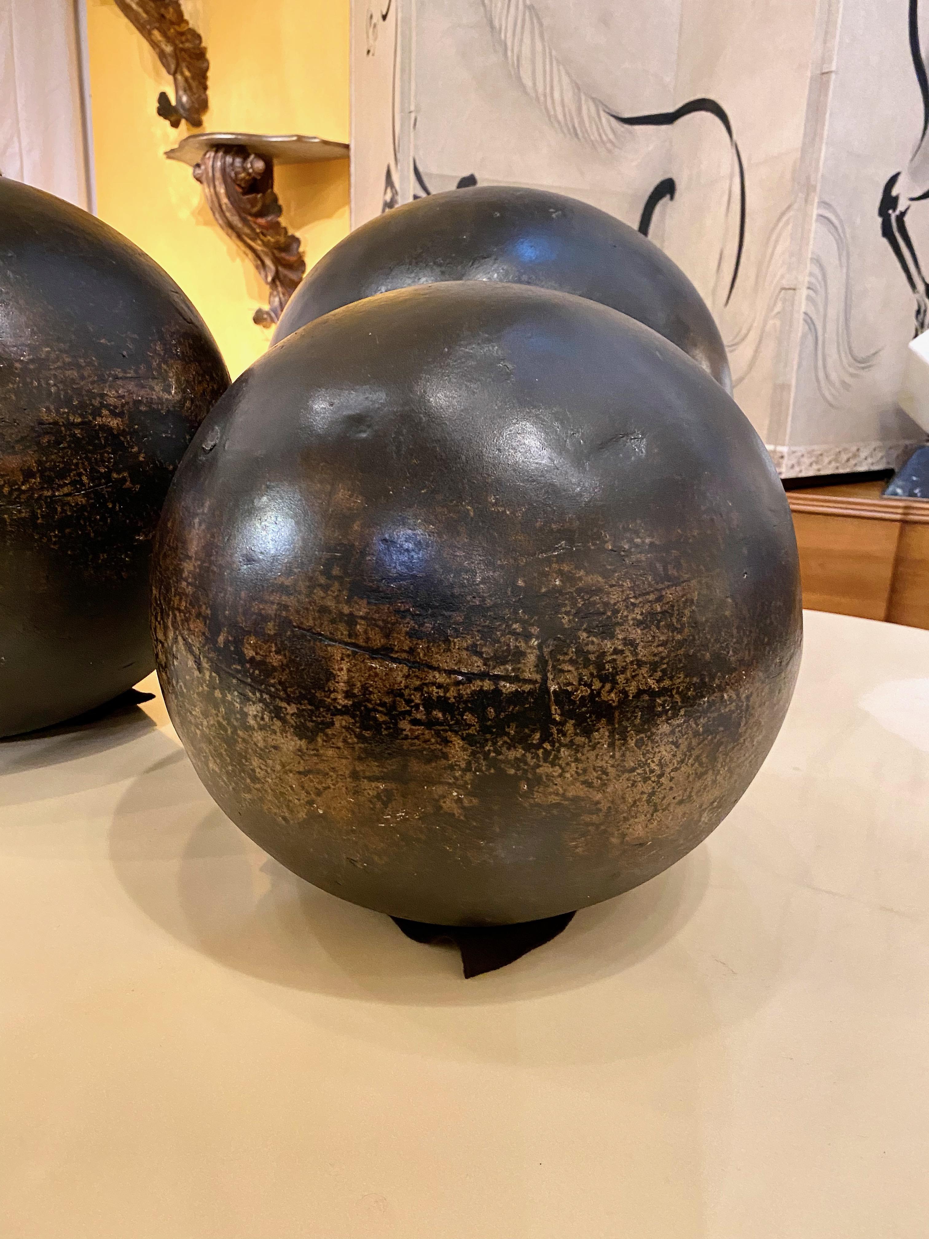 English Set of Three Glazed Terra Cotta Garden Spheres, 19th Century