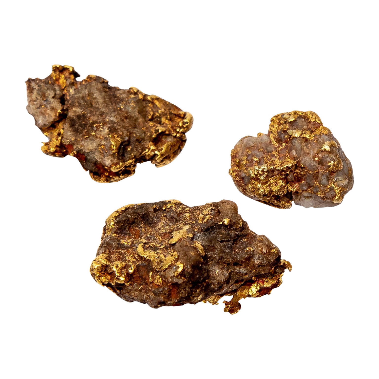 Set of Three Gold and Quartz Nuggets For Sale