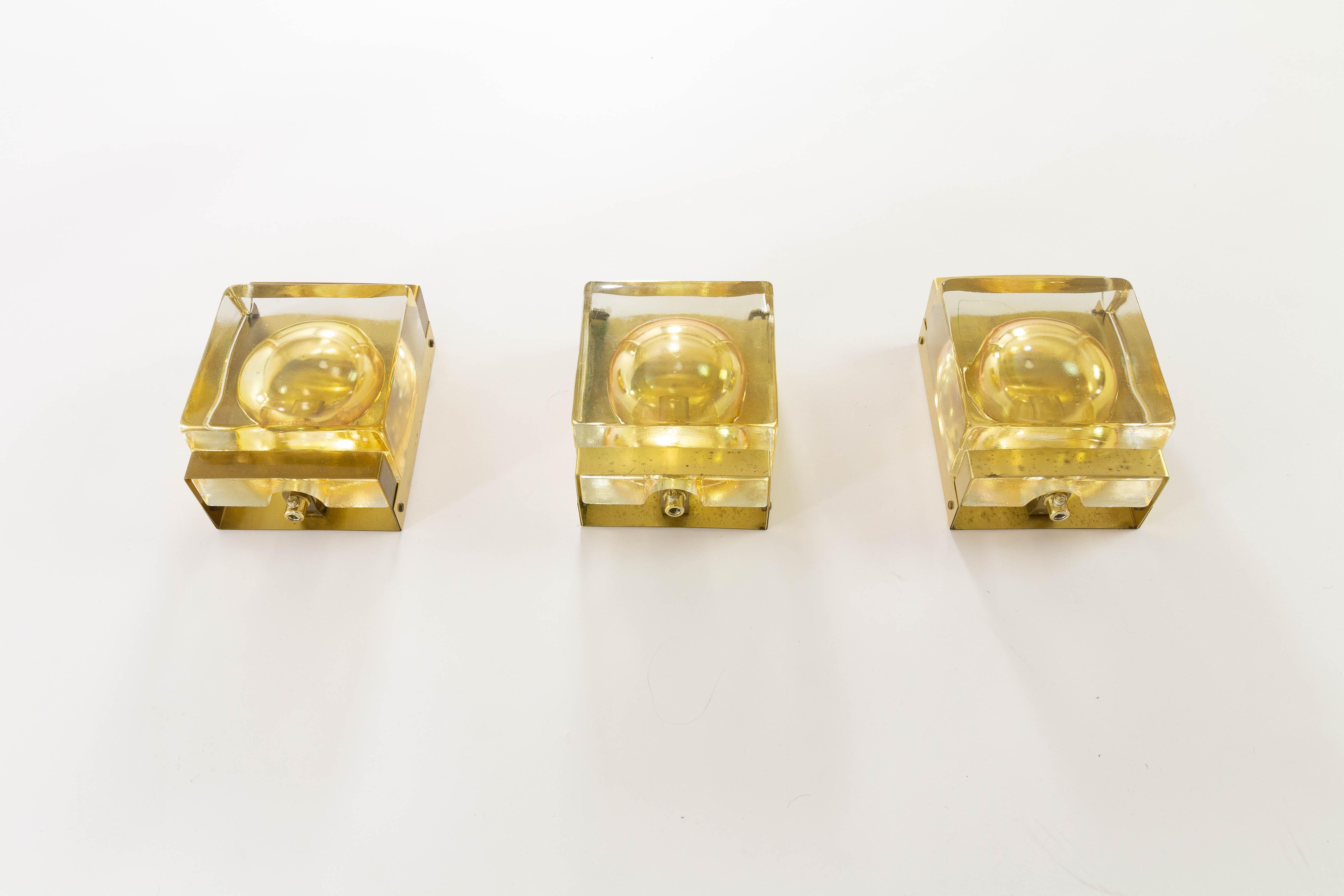 Set of Three Gold Coloured Maritim Glass Wall Lamps by Vitrika, 1970s In Good Condition In Rotterdam, NL