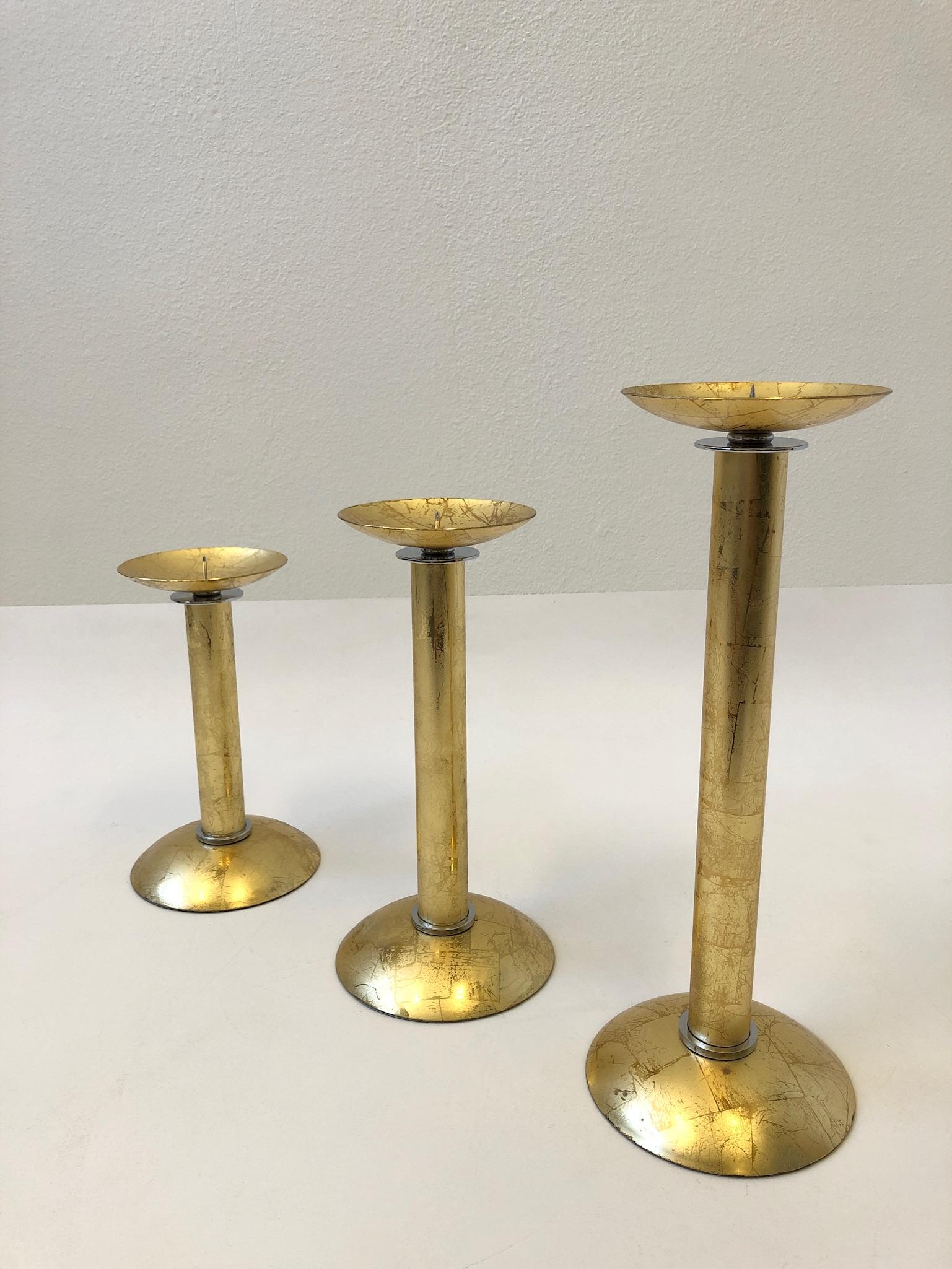 Set of Three Gold Leaf Brass and Chrome Candlesticks by Karl Springer For Sale 2
