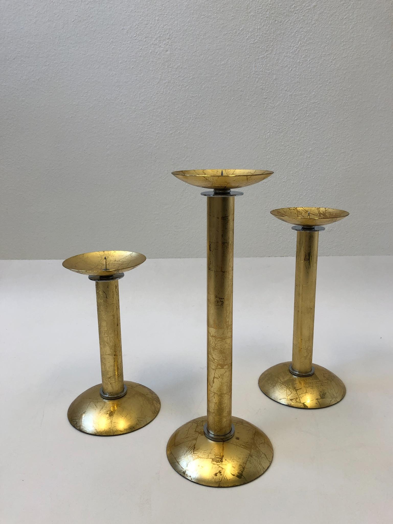 Modern Set of Three Gold Leaf Brass and Chrome Candlesticks by Karl Springer For Sale