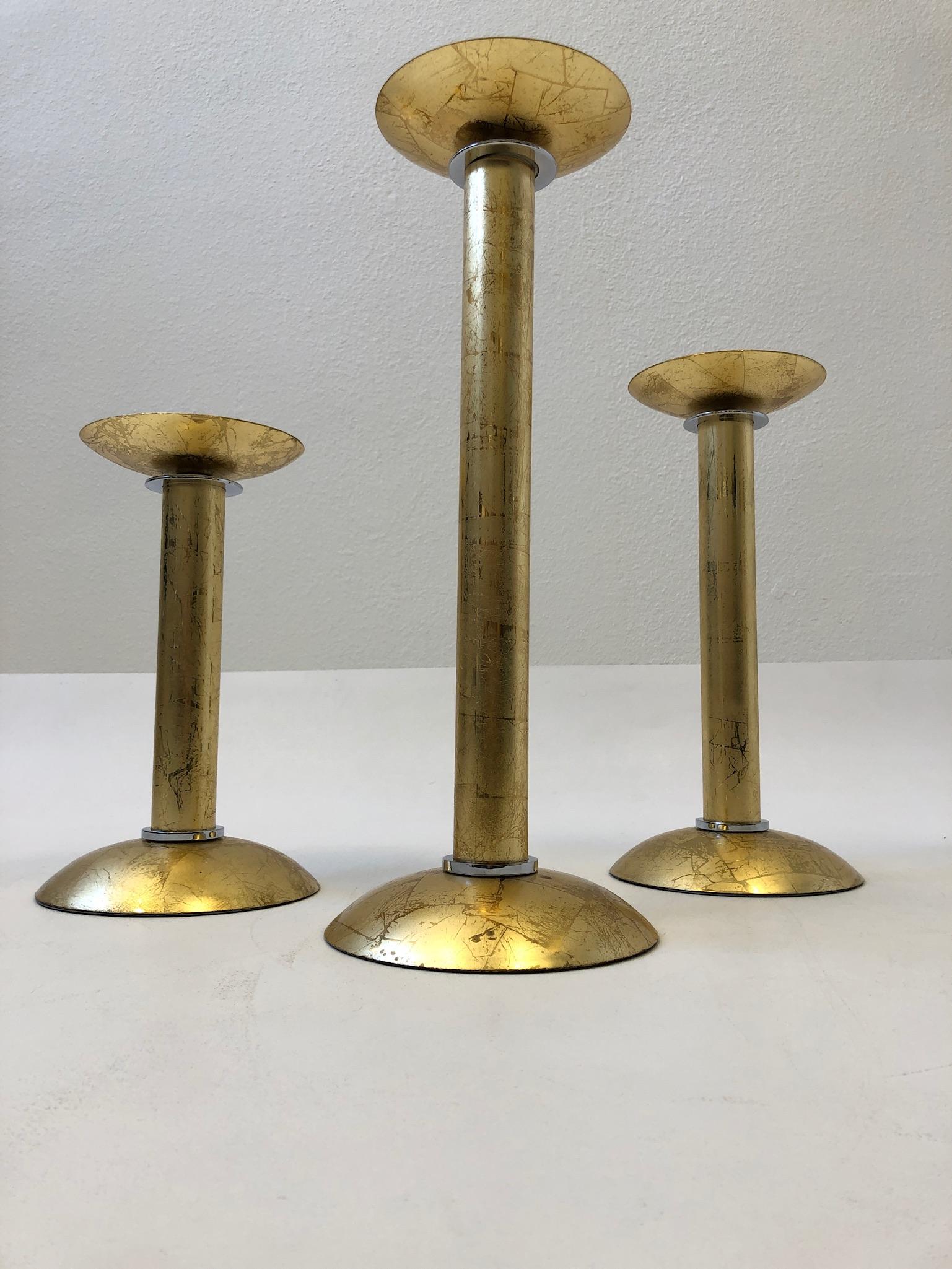 American Set of Three Gold Leaf Brass and Chrome Candlesticks by Karl Springer For Sale