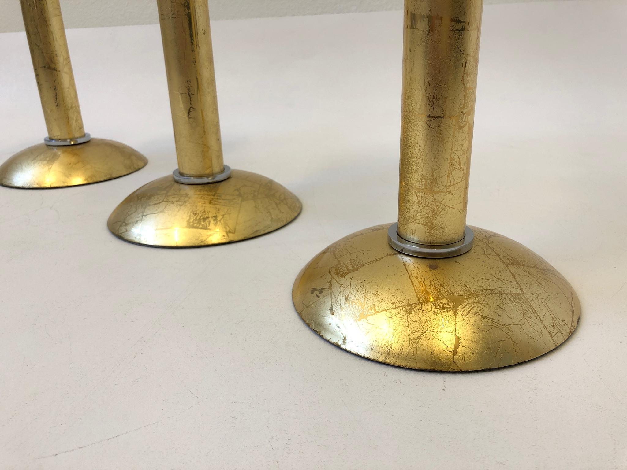 Set of Three Gold Leaf Brass and Chrome Candlesticks by Karl Springer In Good Condition For Sale In Palm Springs, CA