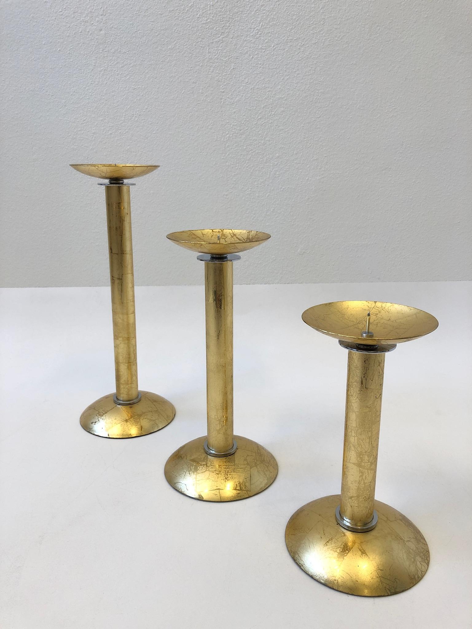 Late 20th Century Set of Three Gold Leaf Brass and Chrome Candlesticks by Karl Springer For Sale