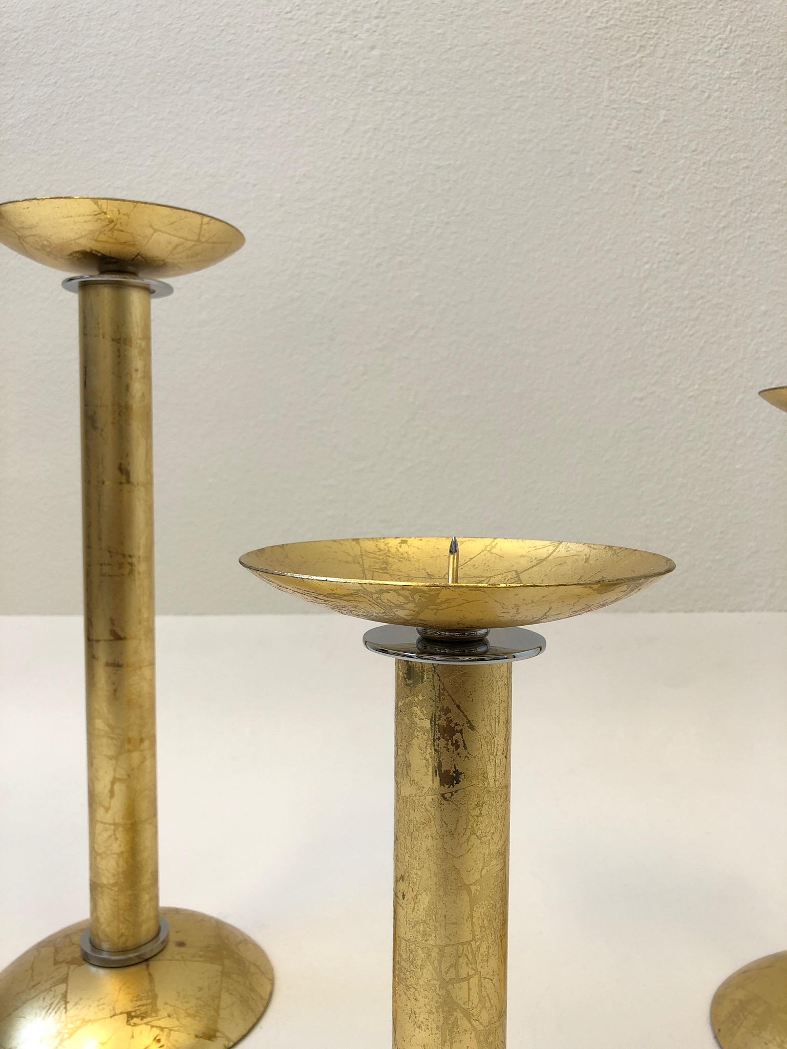 Set of Three Gold Leaf Brass and Chrome Candlesticks by Karl Springer For Sale 1