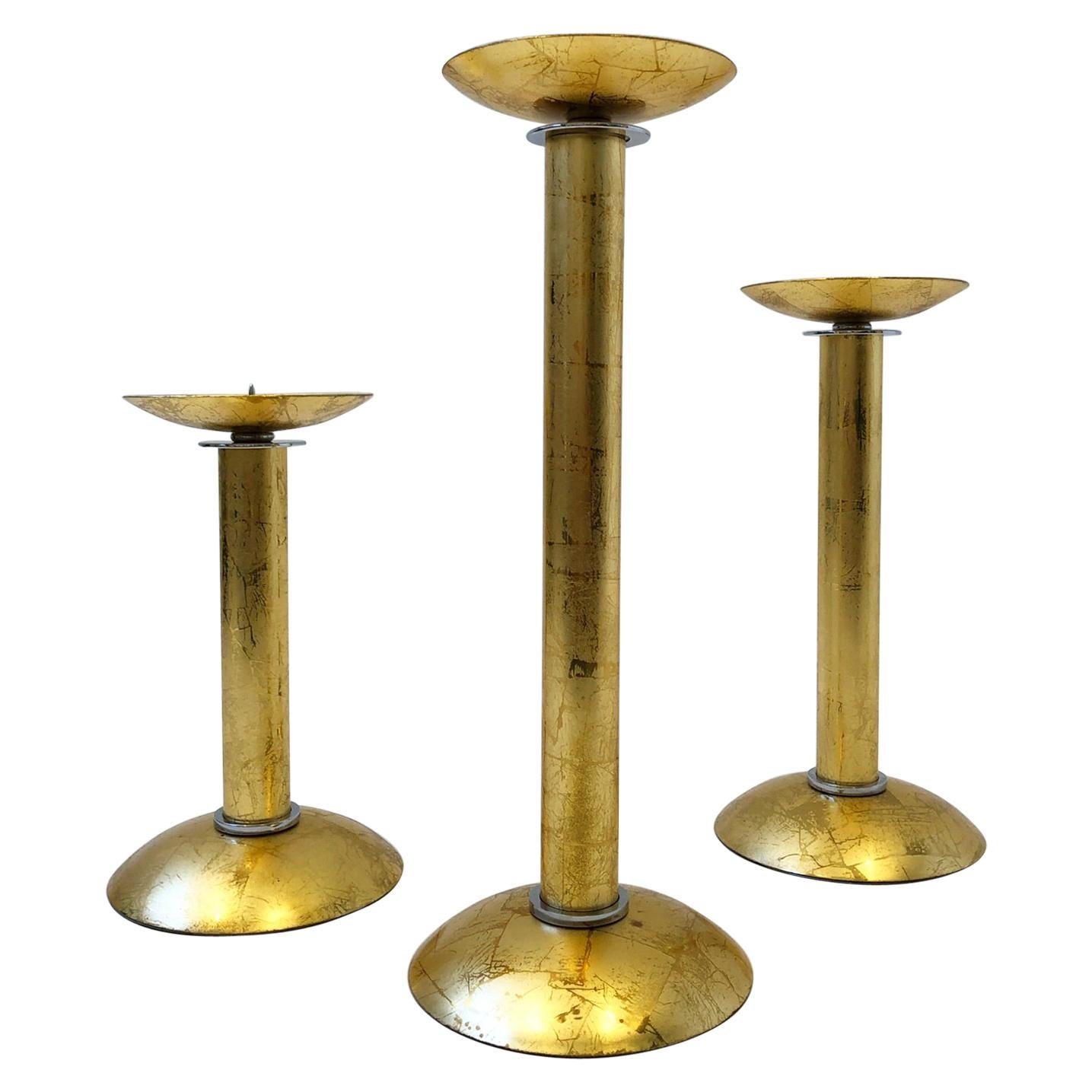 Set of Three Gold Leaf Brass and Chrome Candlesticks by Karl Springer For Sale