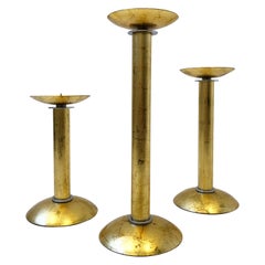 Set of Three Gold Leaf Brass and Chrome Candlesticks by Karl Springer