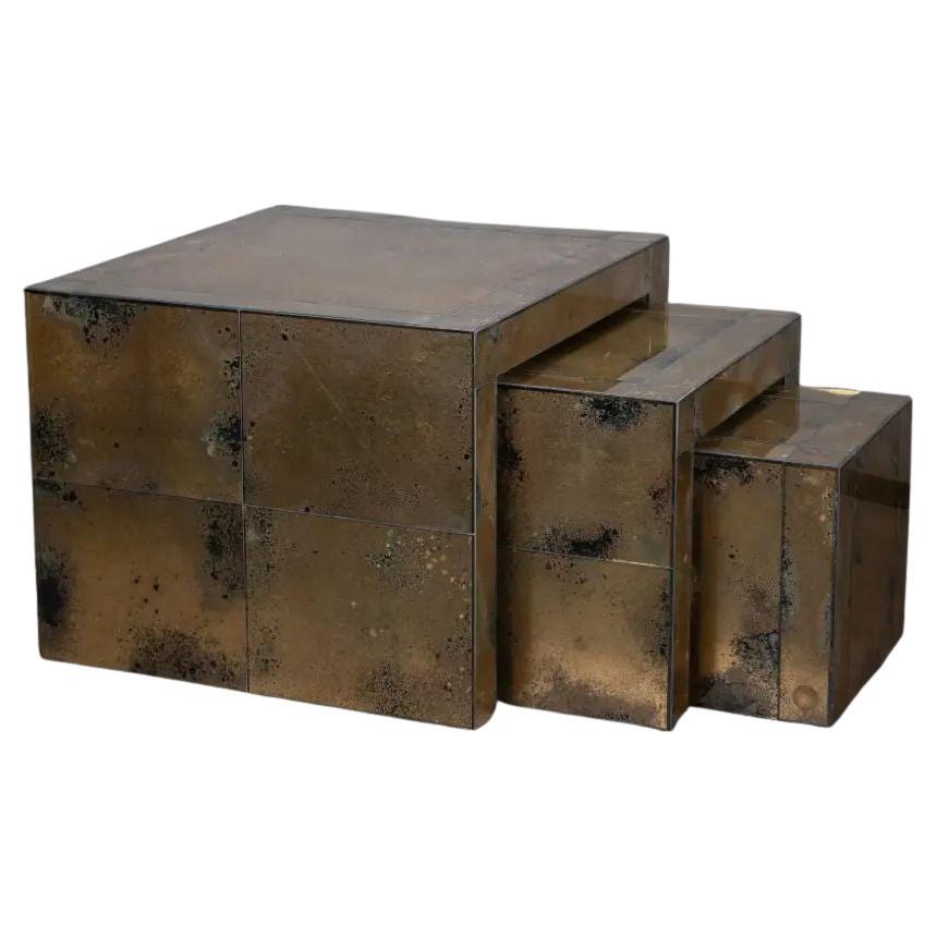 Set of Three Gold Oxidized Mirror Nesting Tables Seventies Style