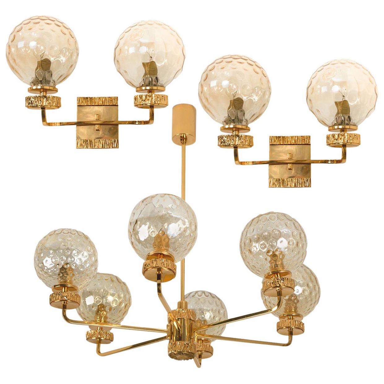 Set of Three Gold-Plated Glass Light Fixtures in the Style of Brotto, Italy For Sale