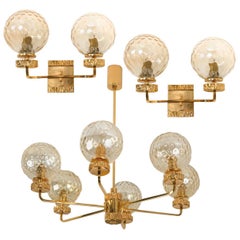 Set of Three Gold-Plated Glass Light Fixtures in the Style of Brotto, Italy