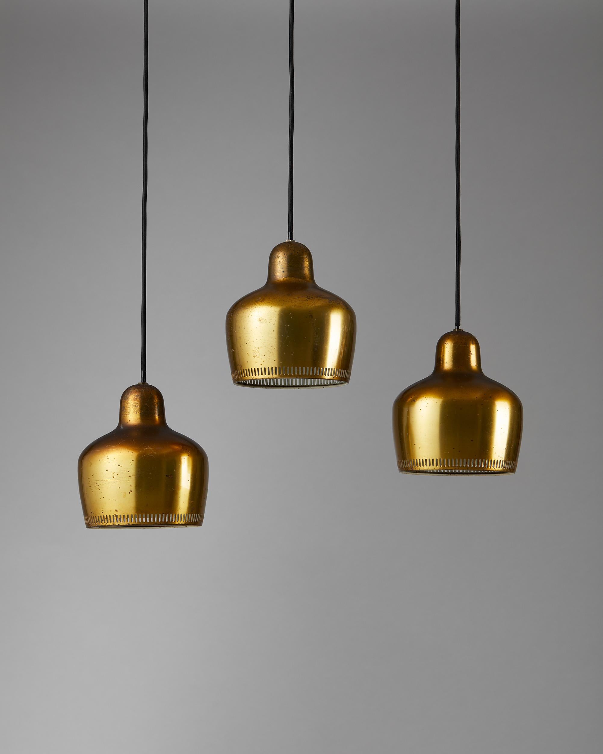 Mid-Century Modern Set of Three ‘Golden Bell’ Ceiling Lamps Model A 330 Designed by Alvar Aalto