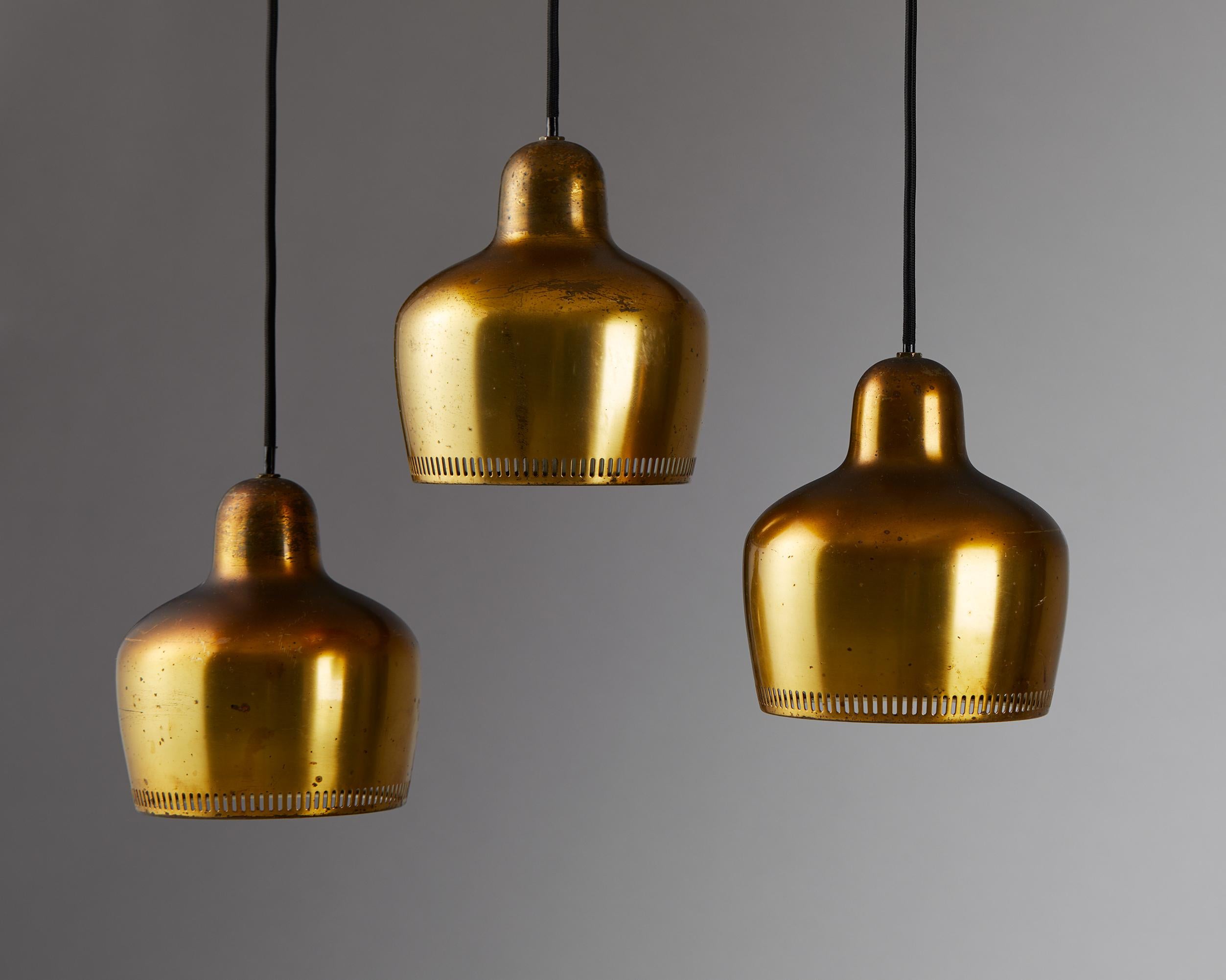 Finnish Set of Three ‘Golden Bell’ Ceiling Lamps Model A 330 Designed by Alvar Aalto