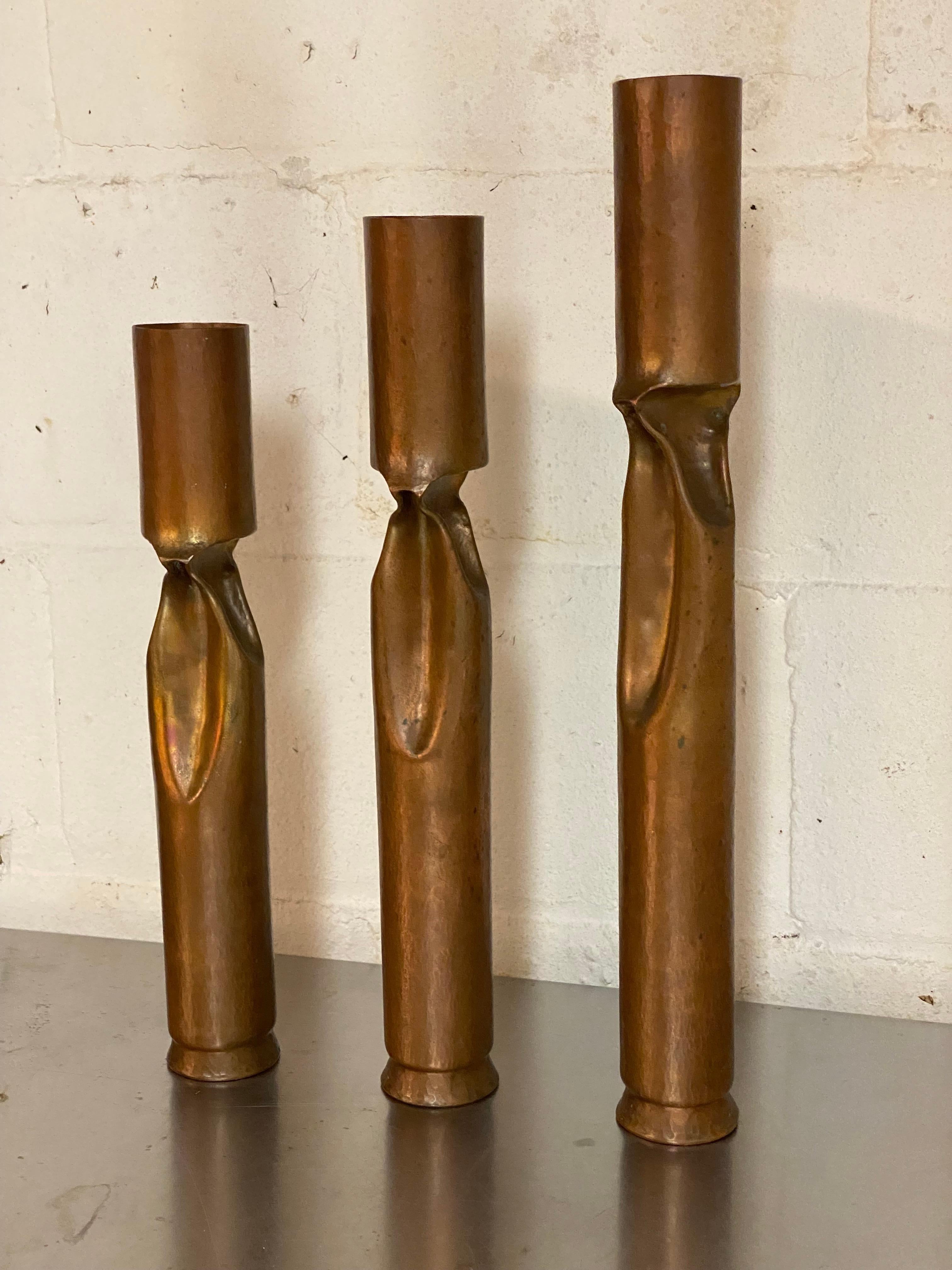 American Set of Three Graduated Brutalist Copper Candleholders by Thomas Roy Markusen