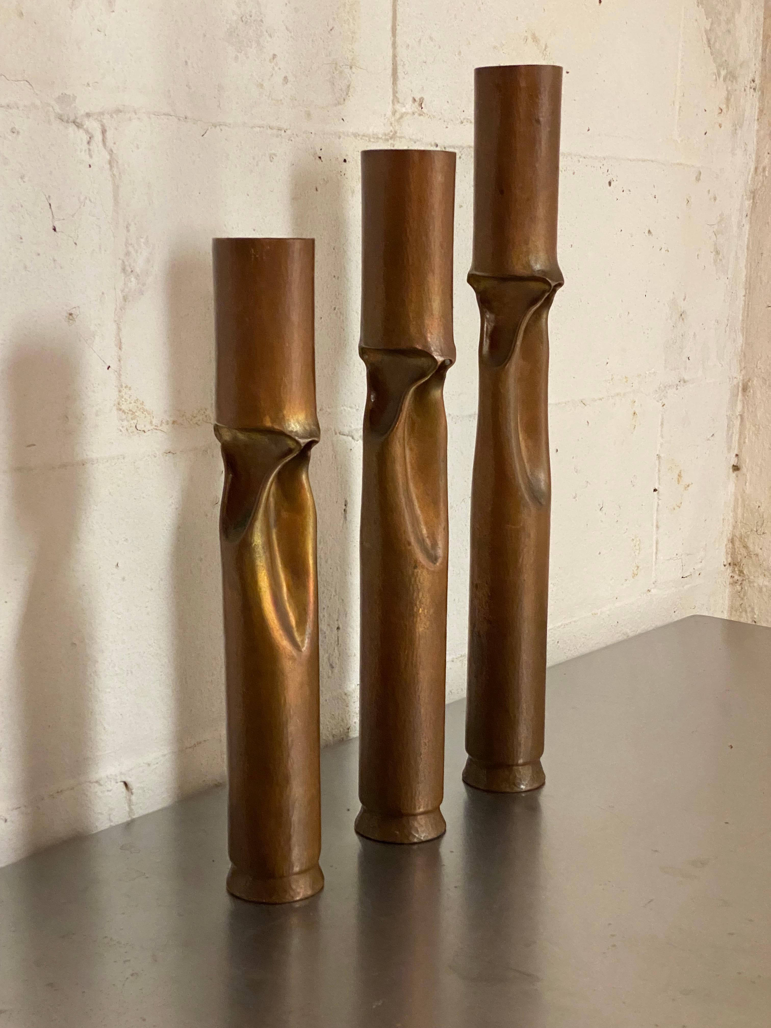 Hammered Set of Three Graduated Brutalist Copper Candleholders by Thomas Roy Markusen