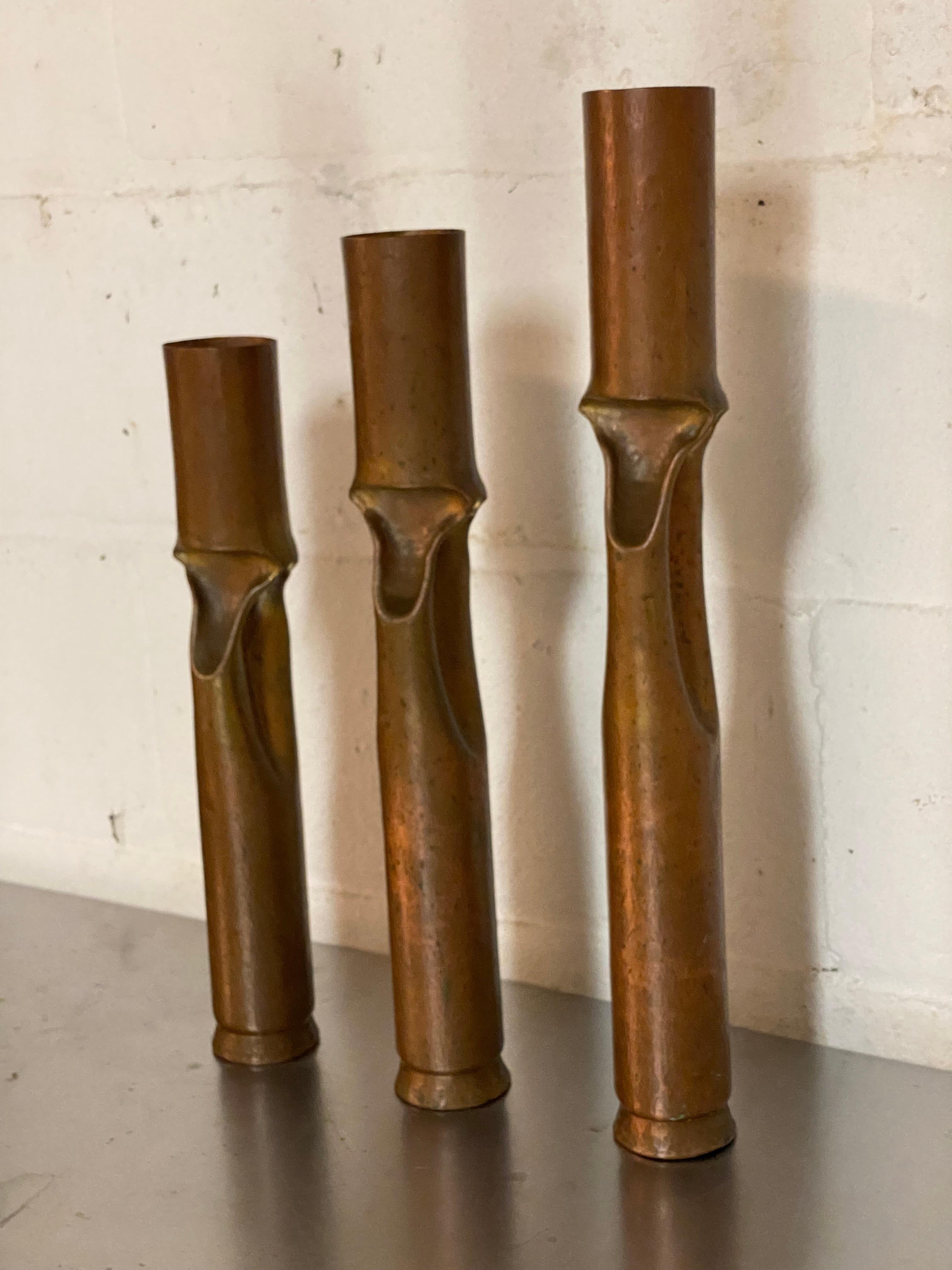 20th Century Set of Three Graduated Brutalist Copper Candleholders by Thomas Roy Markusen