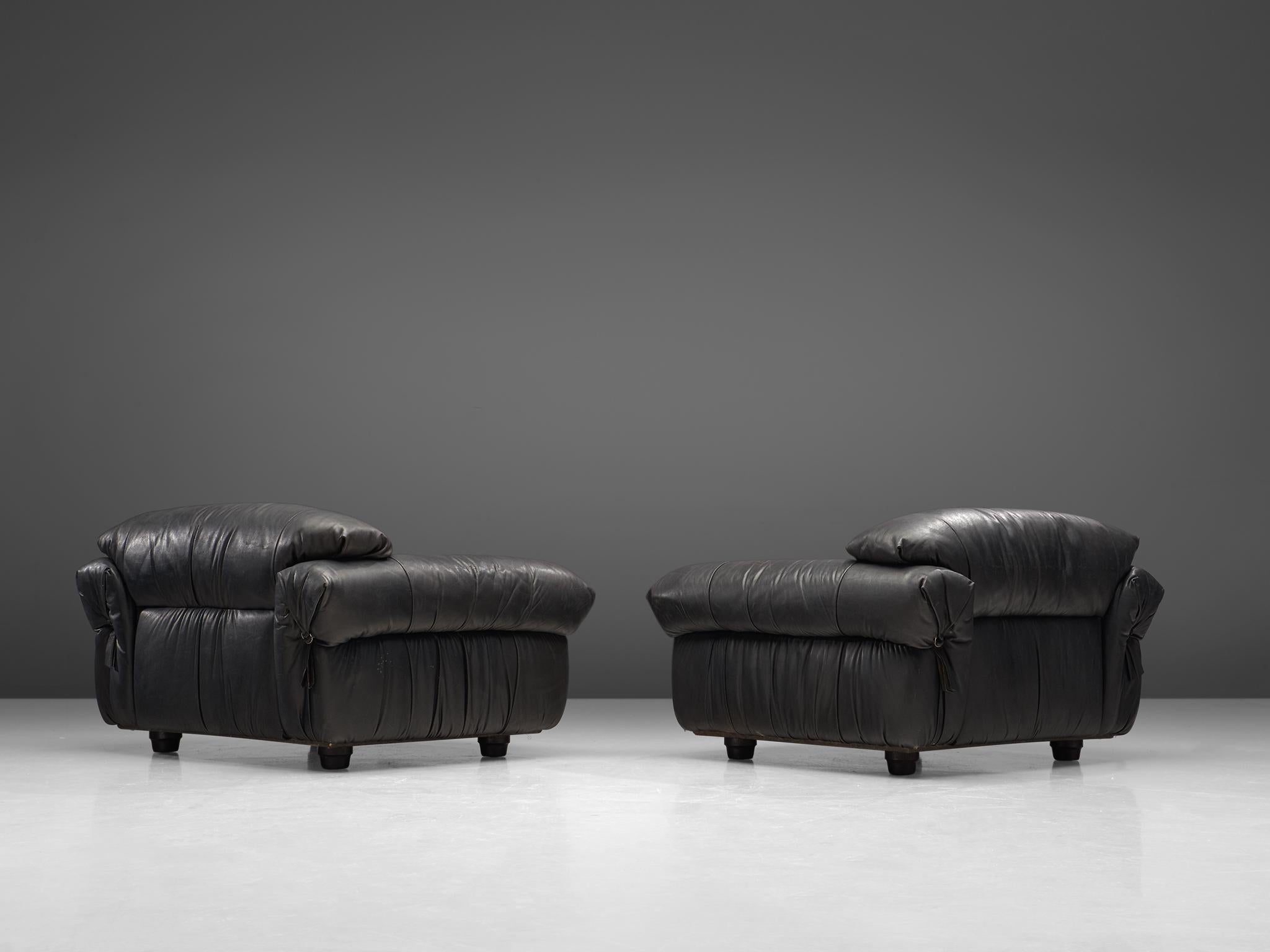 Italian Set of two Grand Lounge Chairs in Black Patinated Leather, 1970s
