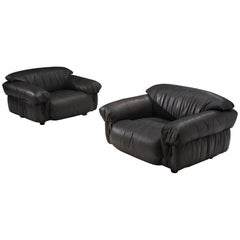 Set of two Grand Lounge Chairs in Black Patinated Leather, 1970s