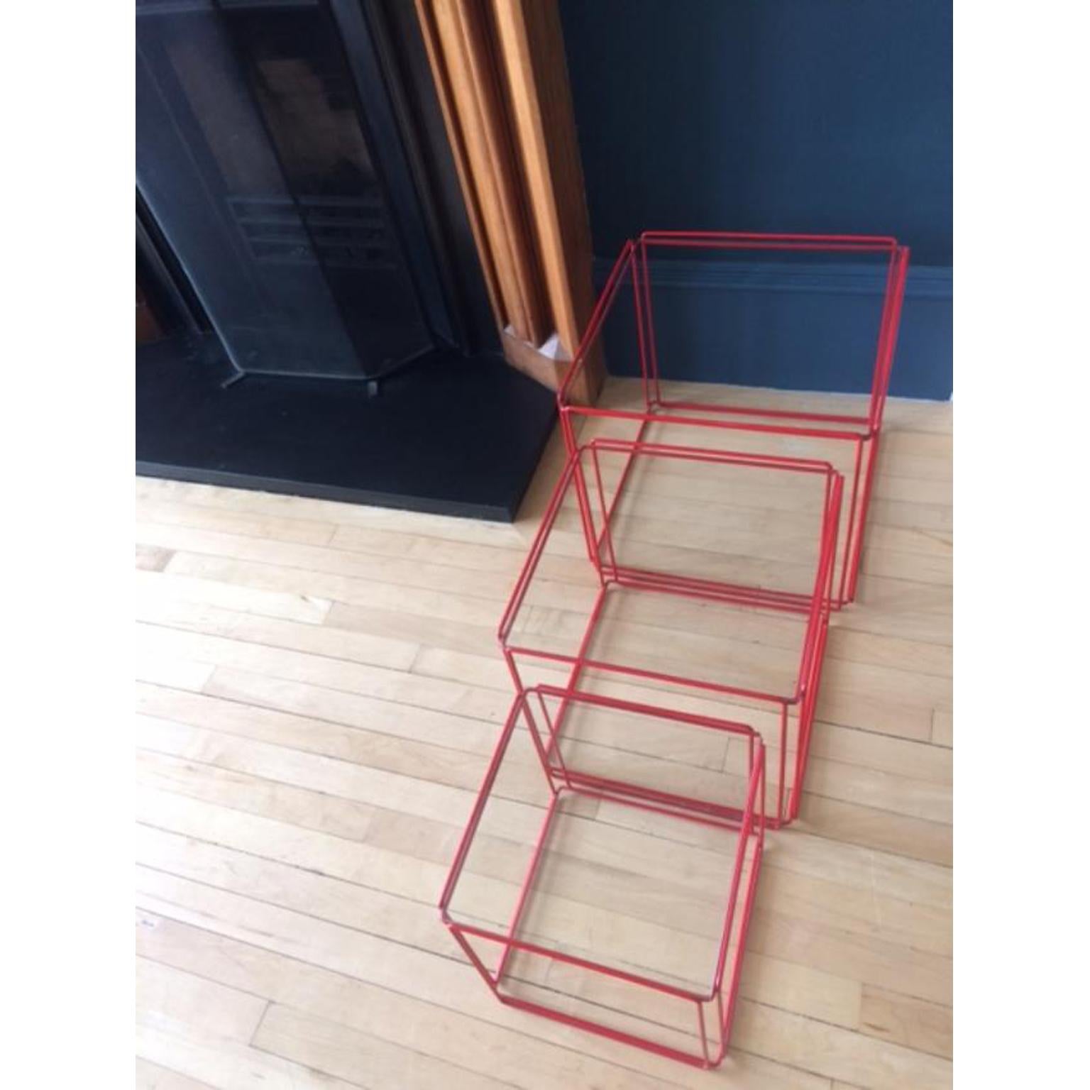 Industrial Set of Three Graphical 'Isocele' Red Nesting Tables Max Sauze for Atrow, 1970
