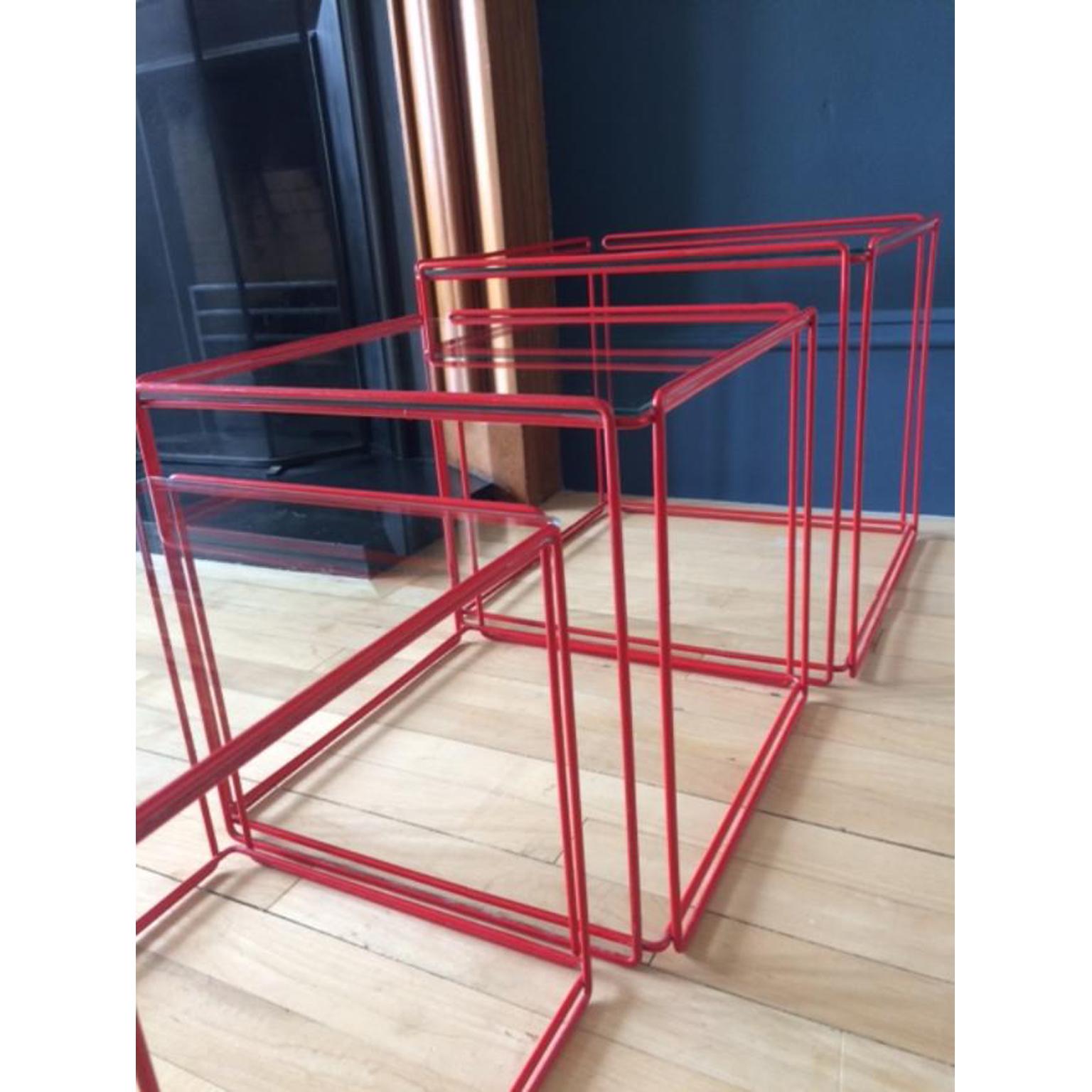Glazed Set of Three Graphical 'Isocele' Red Nesting Tables Max Sauze for Atrow, 1970