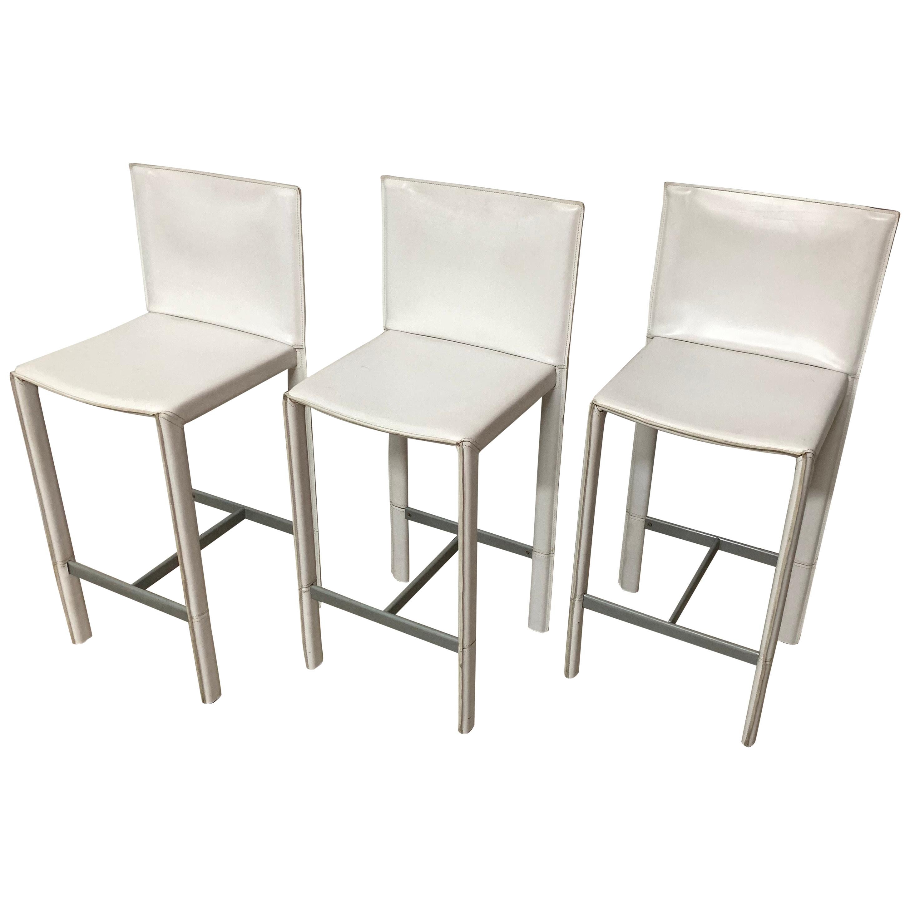 Set of Three Grazzi and Bianchi Stitched Leather Barstools for Enrico Pellizzoni