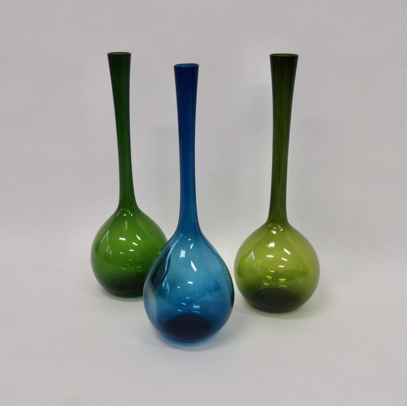 Mid-Century Modern Set of Three Green and Blue Arthur Percy for Gullaskruf Glass Bottle Vases