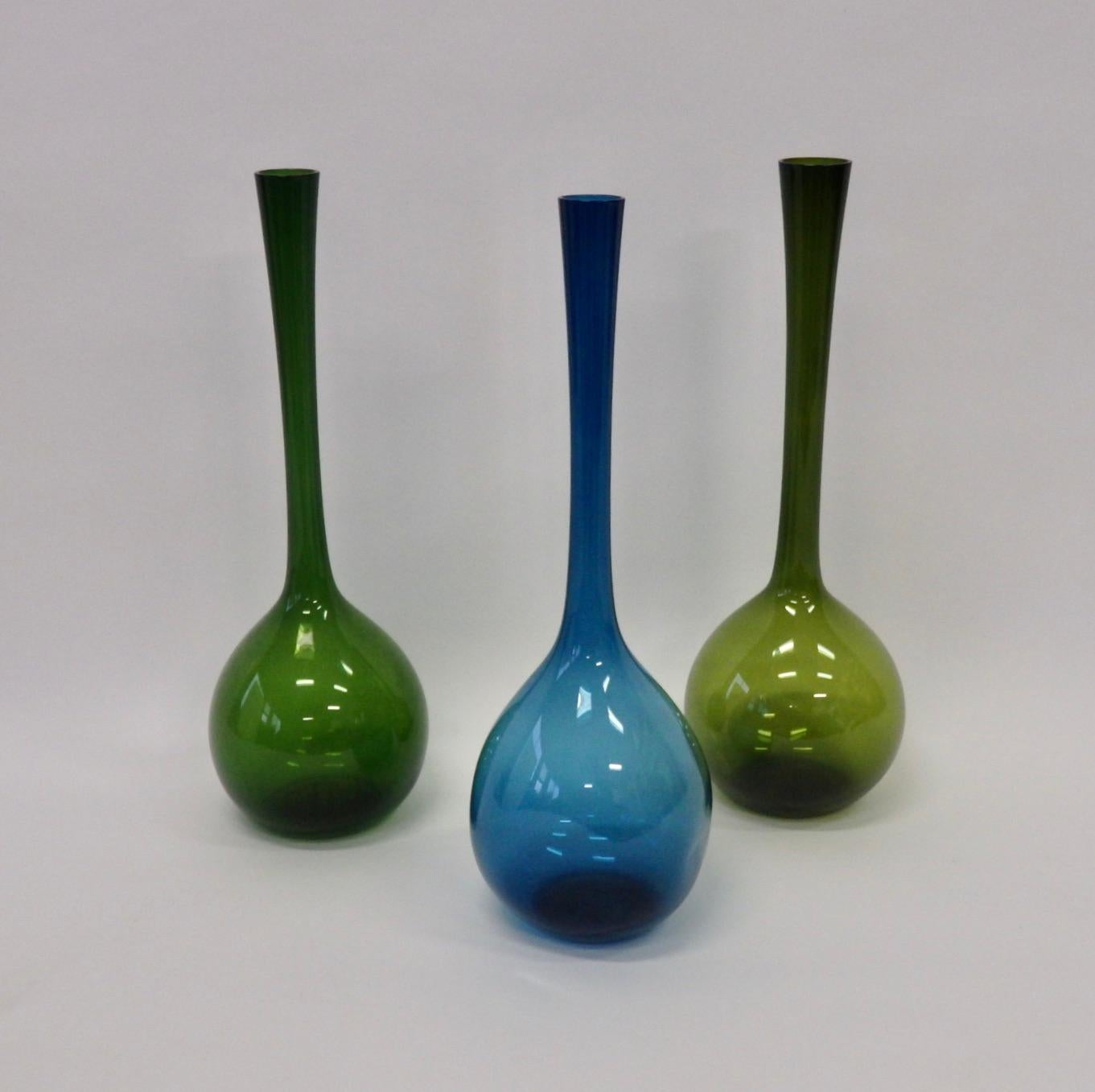 Swedish Set of Three Green and Blue Arthur Percy for Gullaskruf Glass Bottle Vases