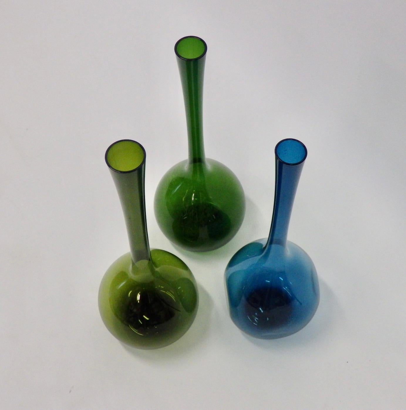 20th Century Set of Three Green and Blue Arthur Percy for Gullaskruf Glass Bottle Vases