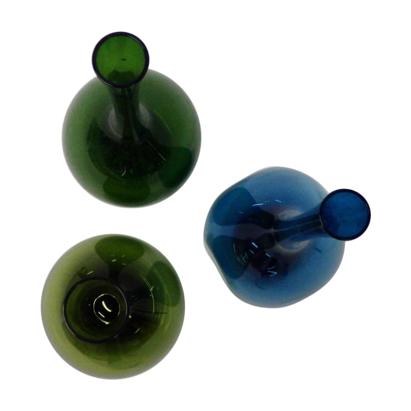 Set of Three Green and Blue Arthur Percy for Gullaskruf Glass Bottle Vases
