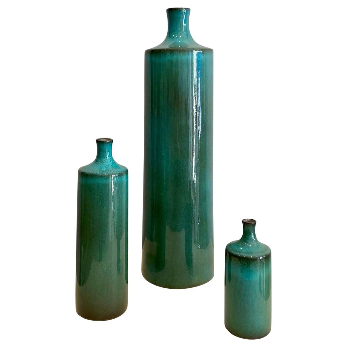 Set of Three Green Ceramic Vases Signed by Ruelland