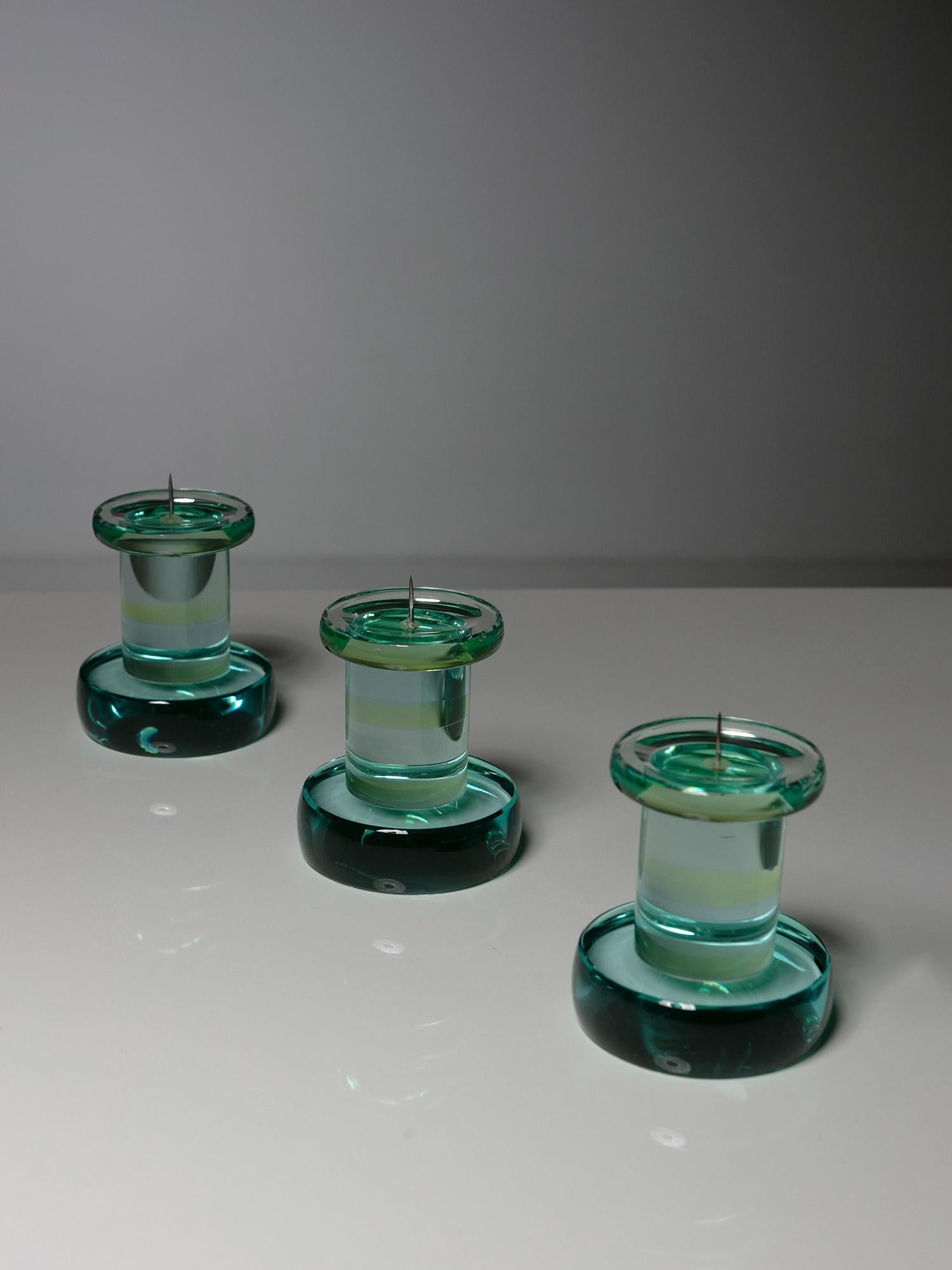 Italian Set of Three Green Nile Glass Candle Holders by Fontana Arte, Italy, 1970s