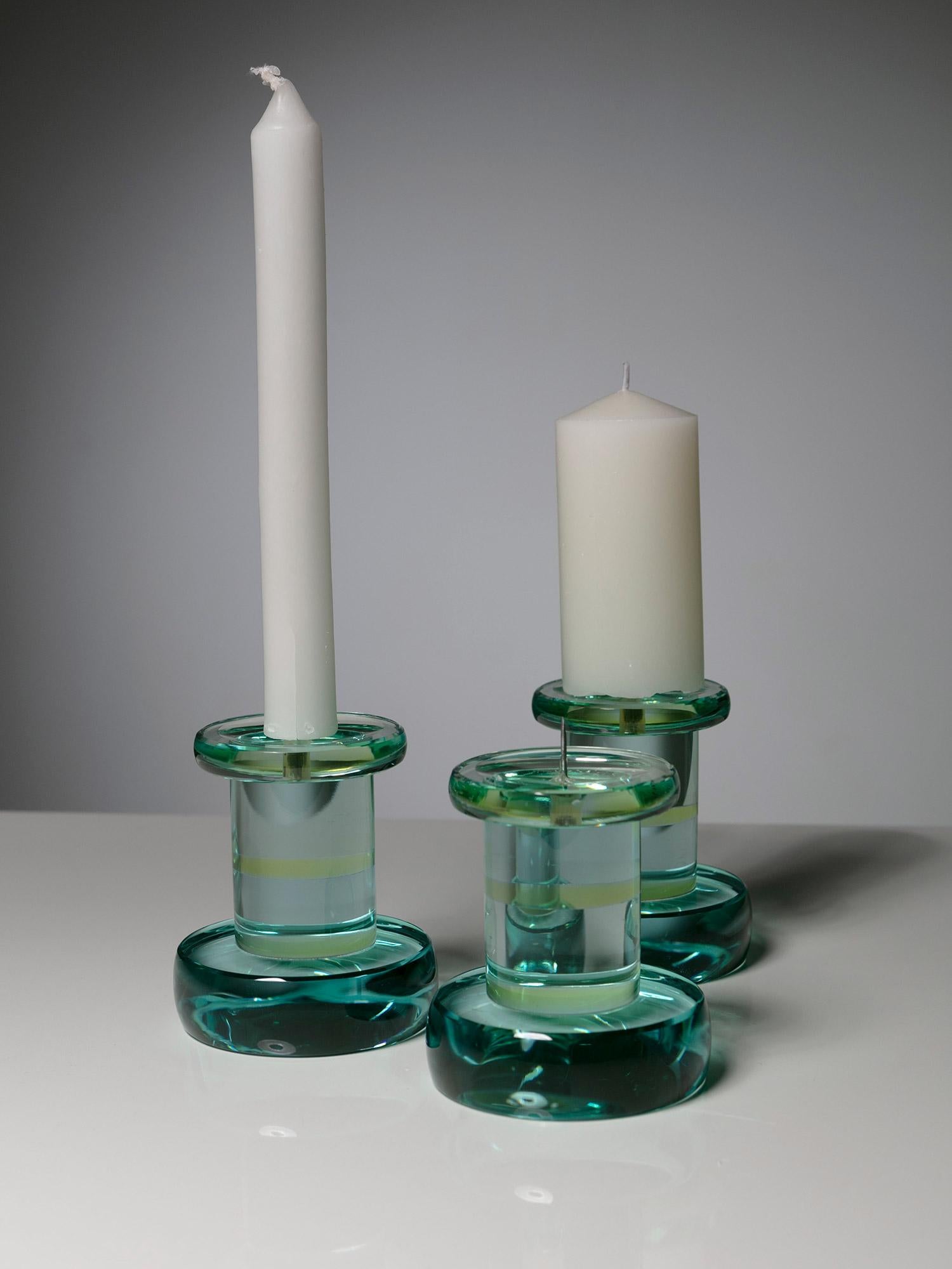 Set of Three Green Nile Glass Candle Holders by Fontana Arte, Italy, 1970s In Good Condition In Milan, IT